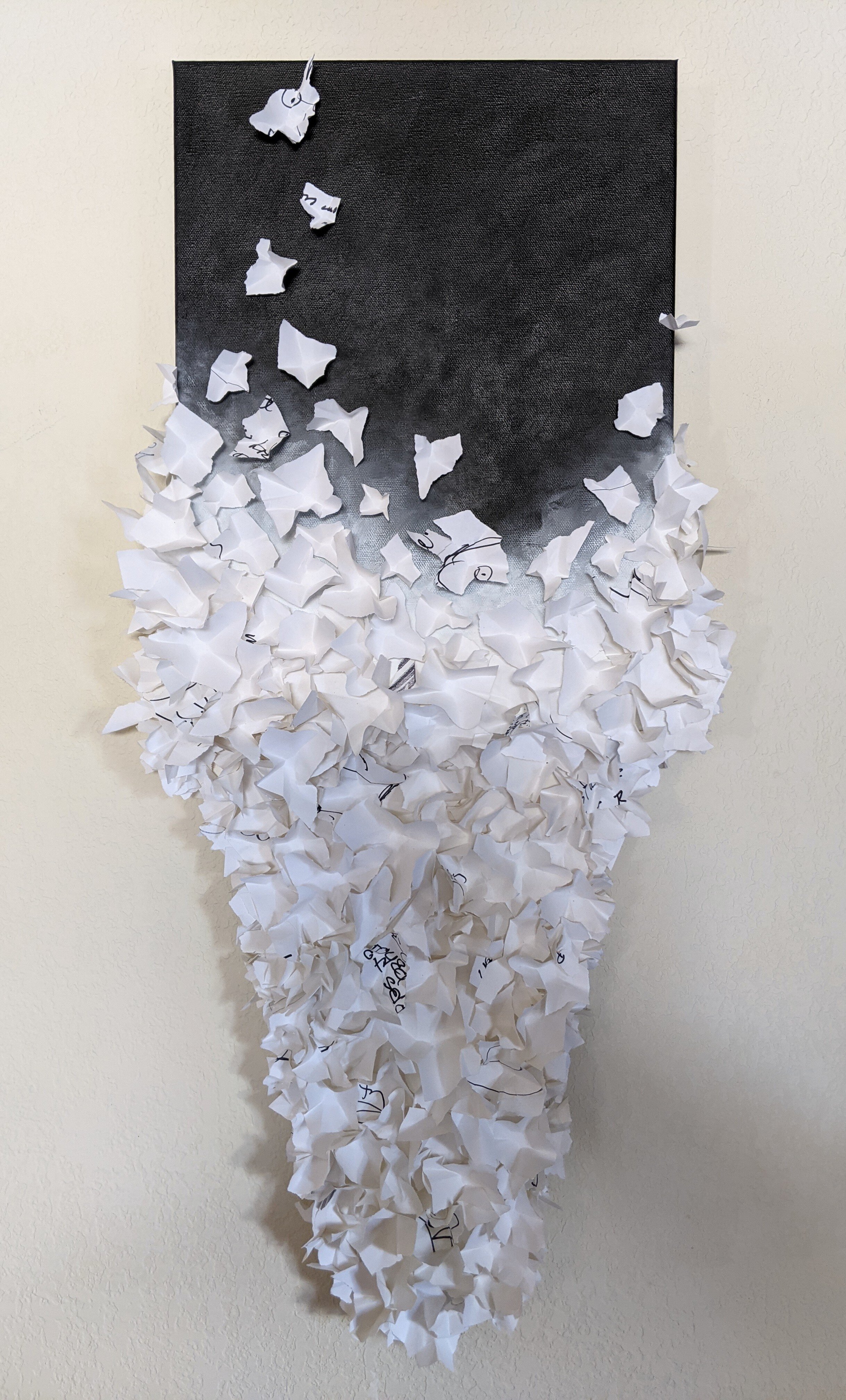 r e c o n v e n e / words/drawings of release on paper, acrylic on canvas / 16" x 3" x 31" / 2021