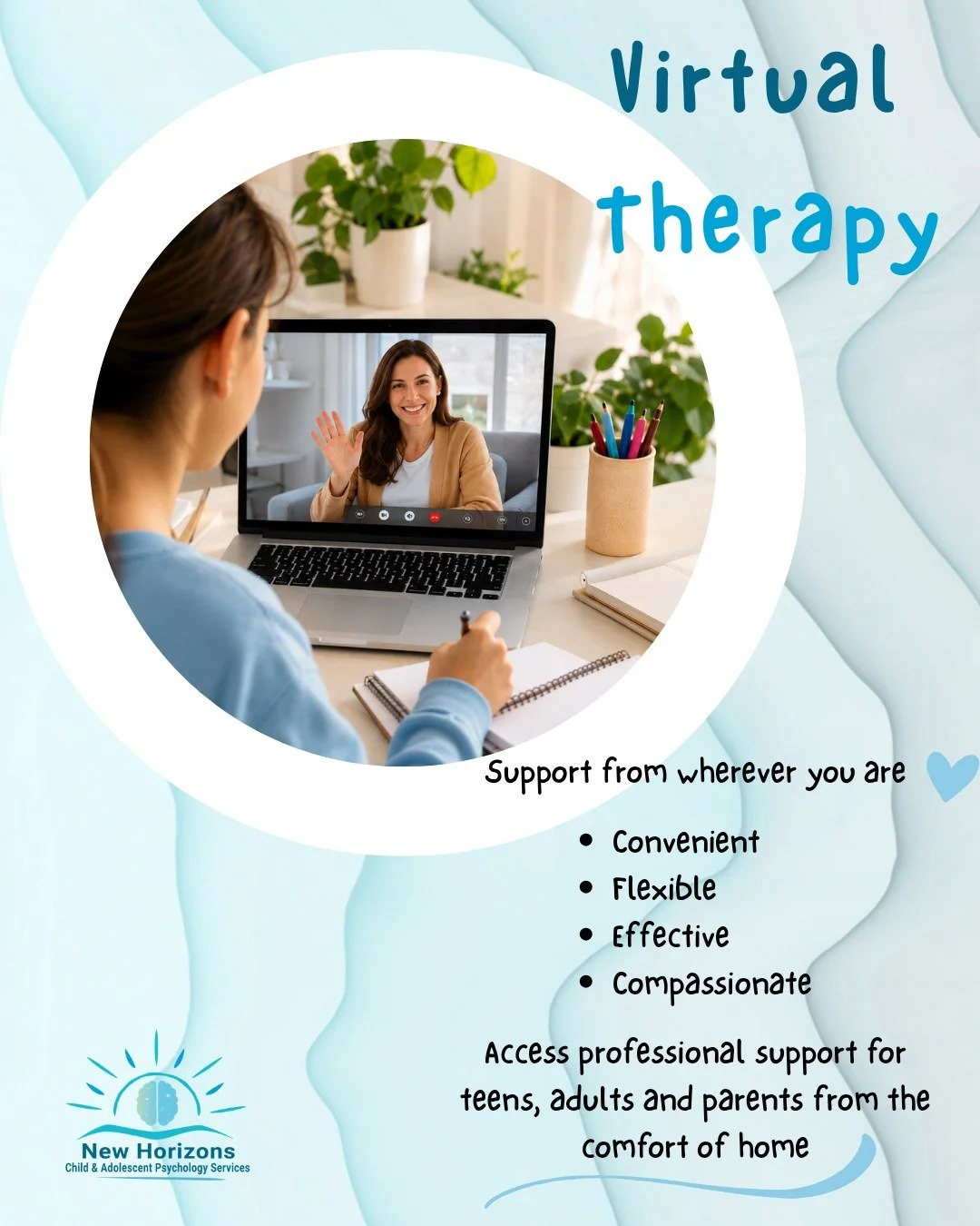 💻✨ Therapy that meets you where you are.

Life gets busy, but support should still be accessible. Our virtual therapy services provide a safe, compassionate space for all ages to connect with a psychologist from the comfort of home.

✔️ Flexible sch