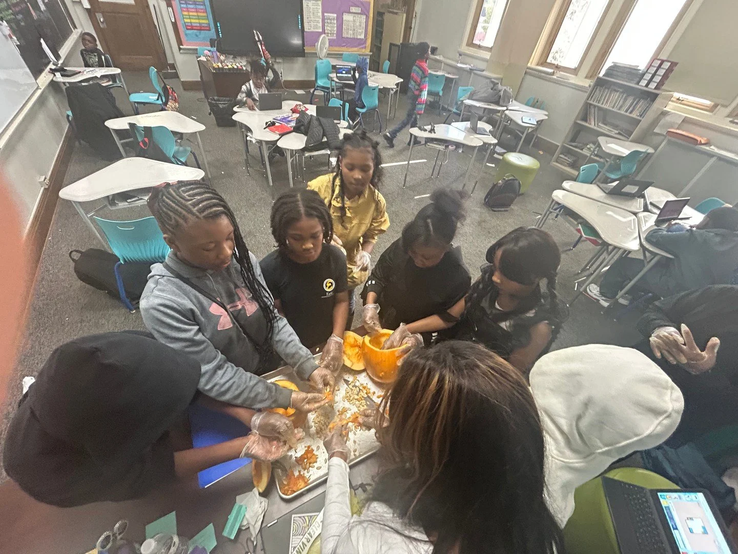 5th grade got their hands dirty had some fun as they learned about pumpkins and how they grow. They will be baking the seeds and trying them as well. Such a fun, hands on activity!