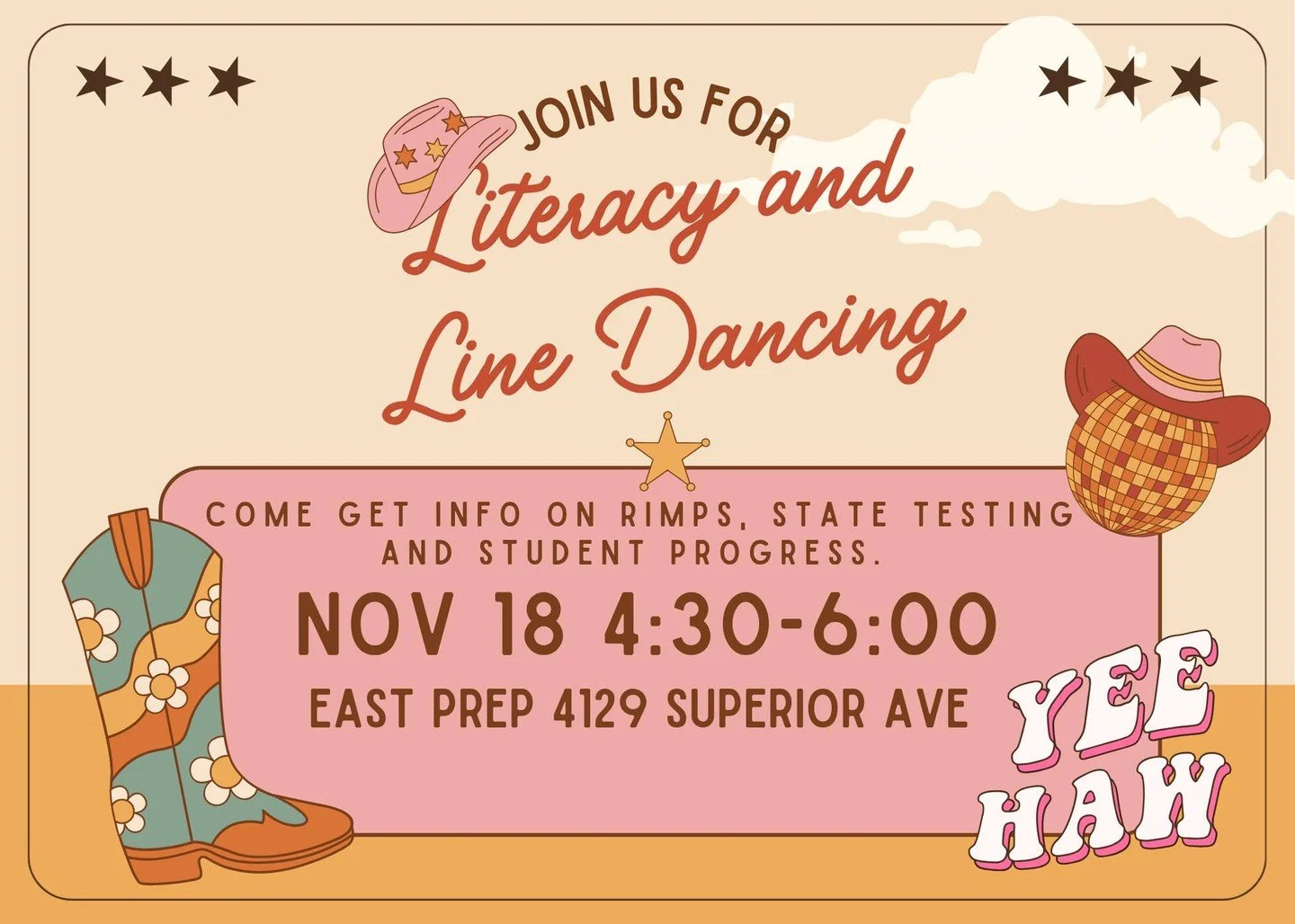 Hello Eagles,

We are so excited about two special events we have coming up next week. We would love for you to join us for Literature and Line Dancing next Tuesday, November 18th from 4:30pm to 6pm. Come learn more about RIMPS, state testing and stu