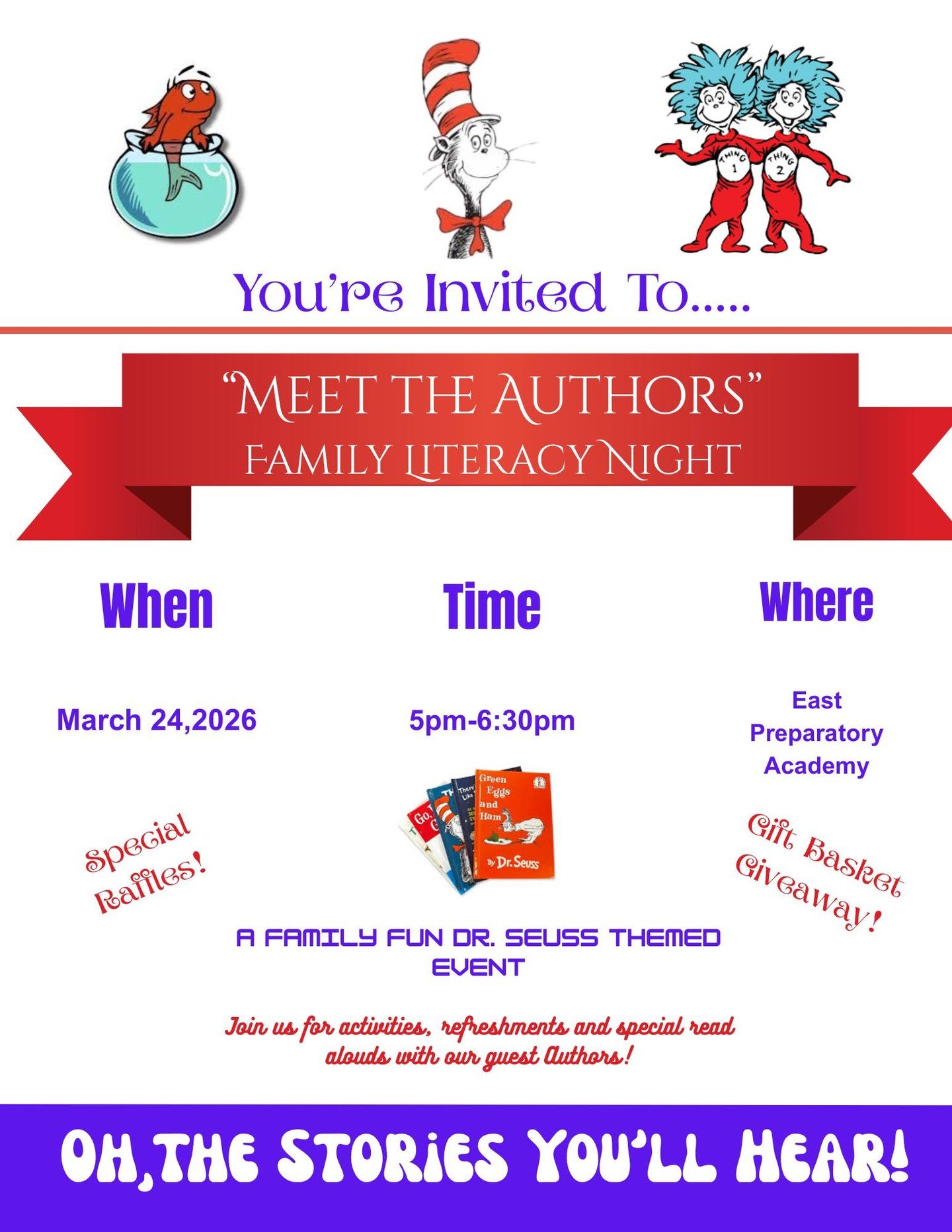 We are excited to share that we will be hosting a "Meet the Authors" Literacy Night right here at East Prep Academy on Tuesday, March 24, 2026. The event will be from 5:00pm to 6:30pm. We will have local authors read their books as well as 