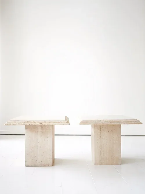 MIDCENTURY (PAIR) ITALIAN TRAVERTINE  SQUARE TABLES