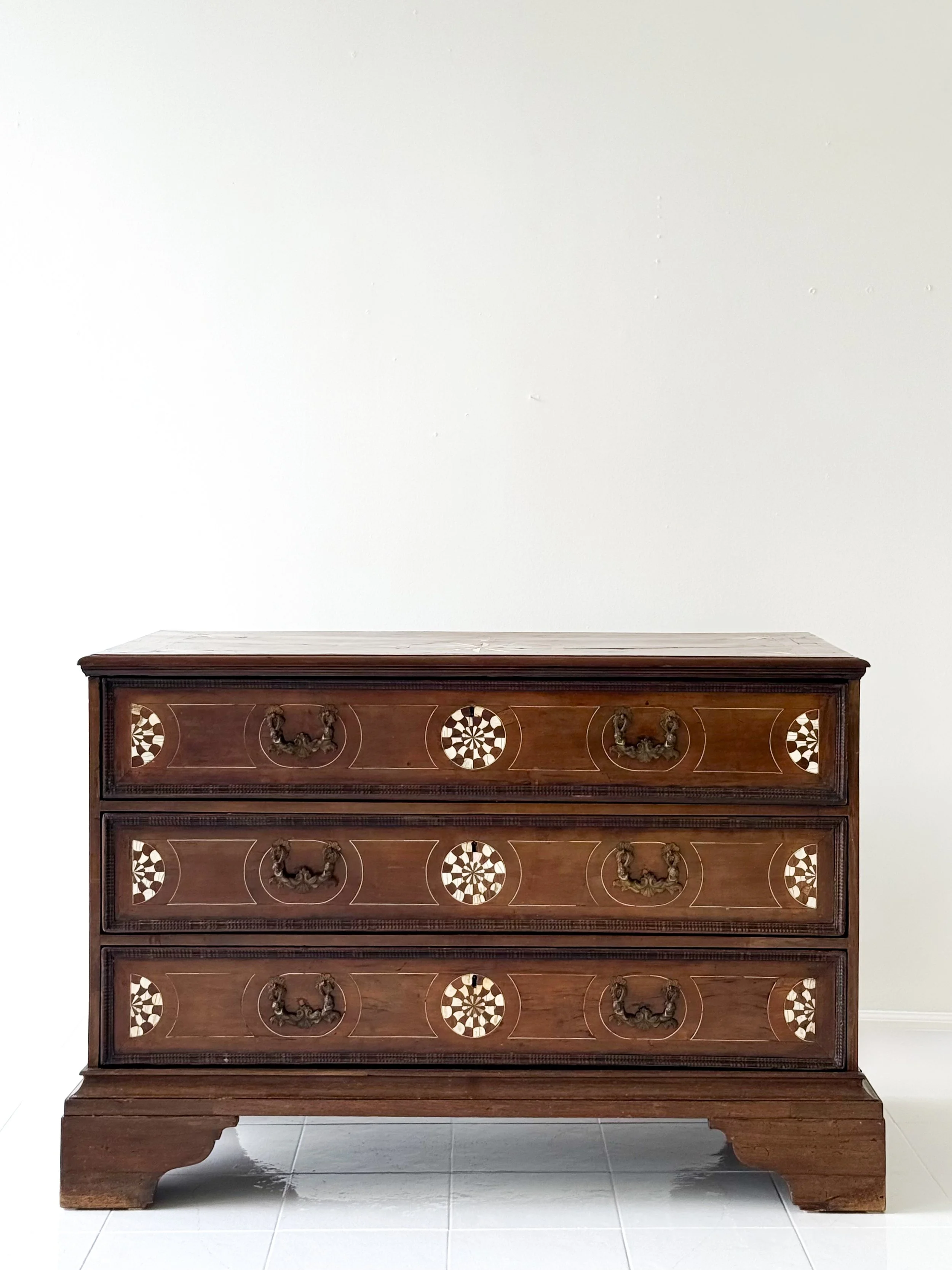 ANTIQUE WALNUT CHEST WITH BONE INLAY; ITALY - CIRCA 1800