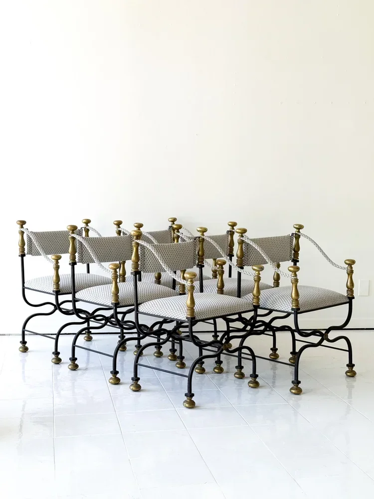 ANTIQUE ITALIAN SAVONAROLA CHAIRS; WROUGHT IRON AND BRASS