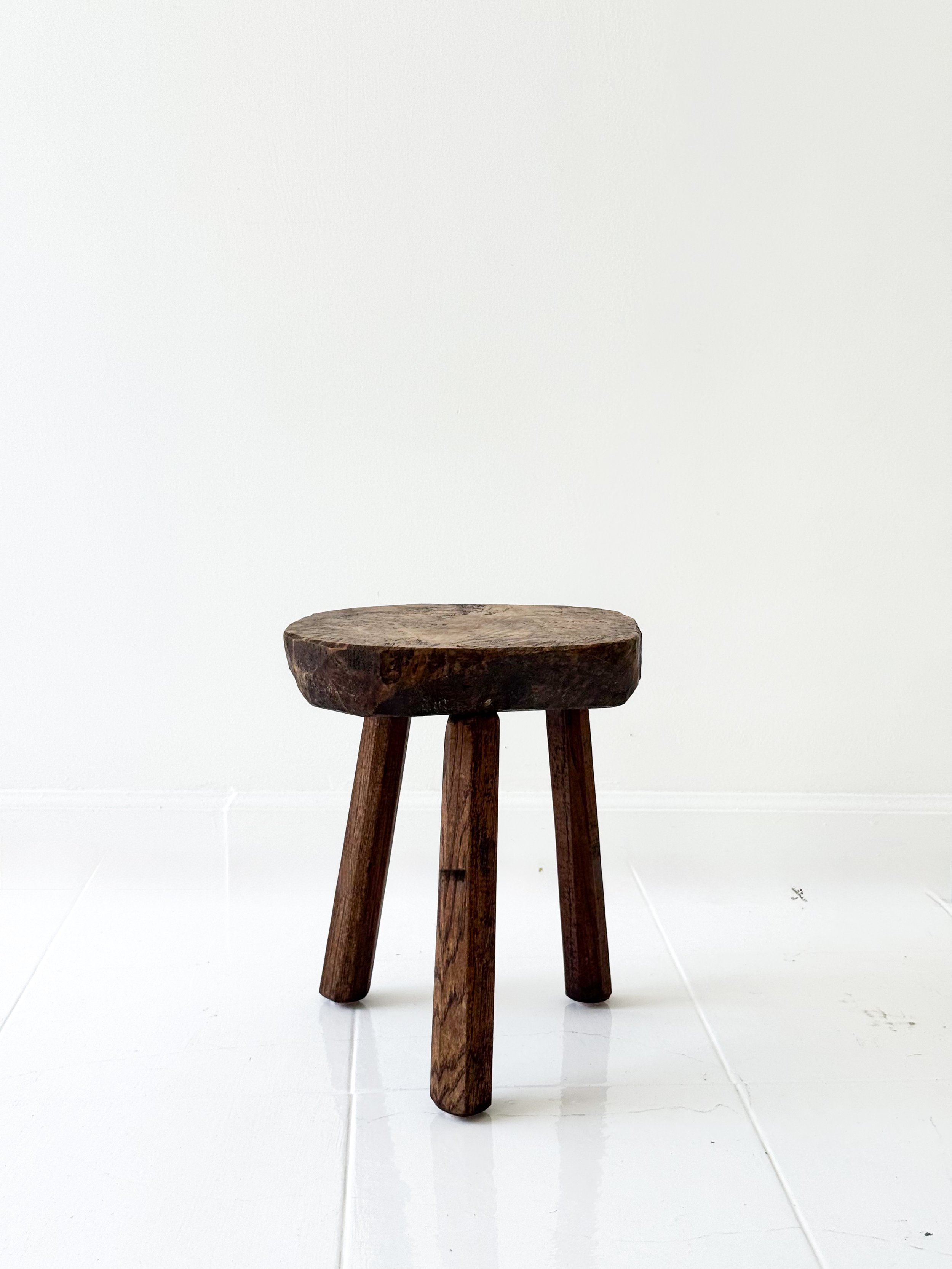 MIDCENTURY BRUTALIST OAK THREE LEGGED STOOL; FRANCE