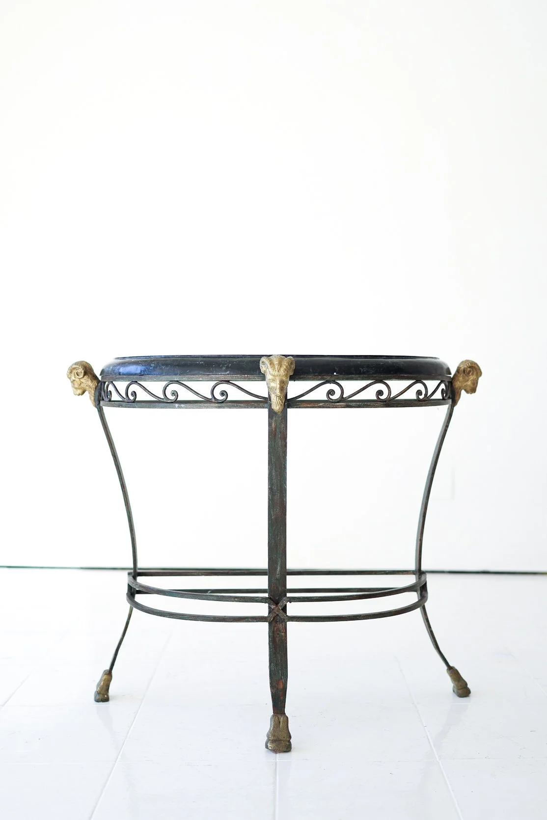 ANTIQUE NEOCLASSICAL IRON DEMILUNE TABLE WITH MARBLE TOP