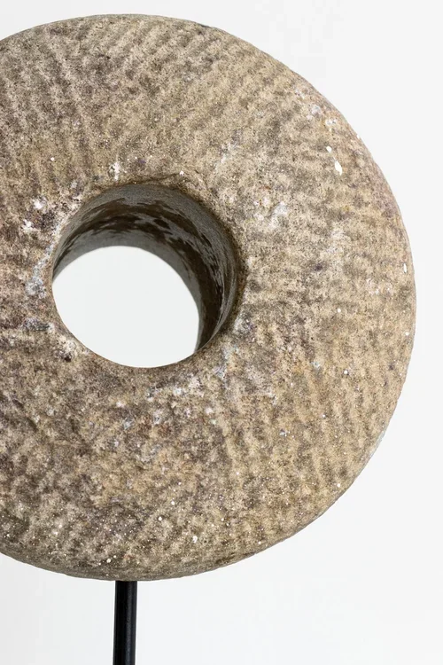 OLD MILLING STONE ON CUSTOM IRON BASE