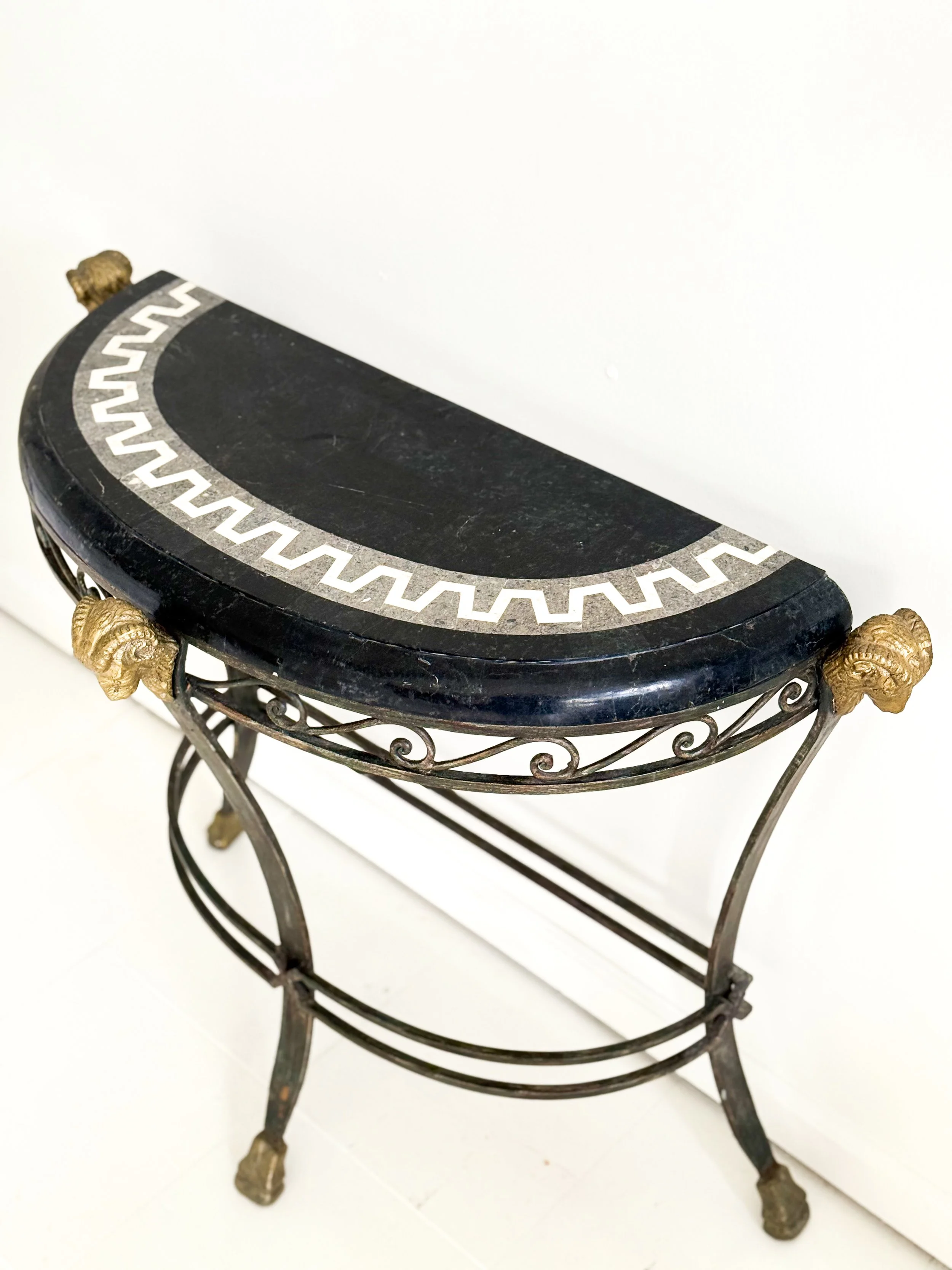 ANTIQUE NEOCLASSICAL IRON DEMILUNE TABLE WITH MARBLE TOP