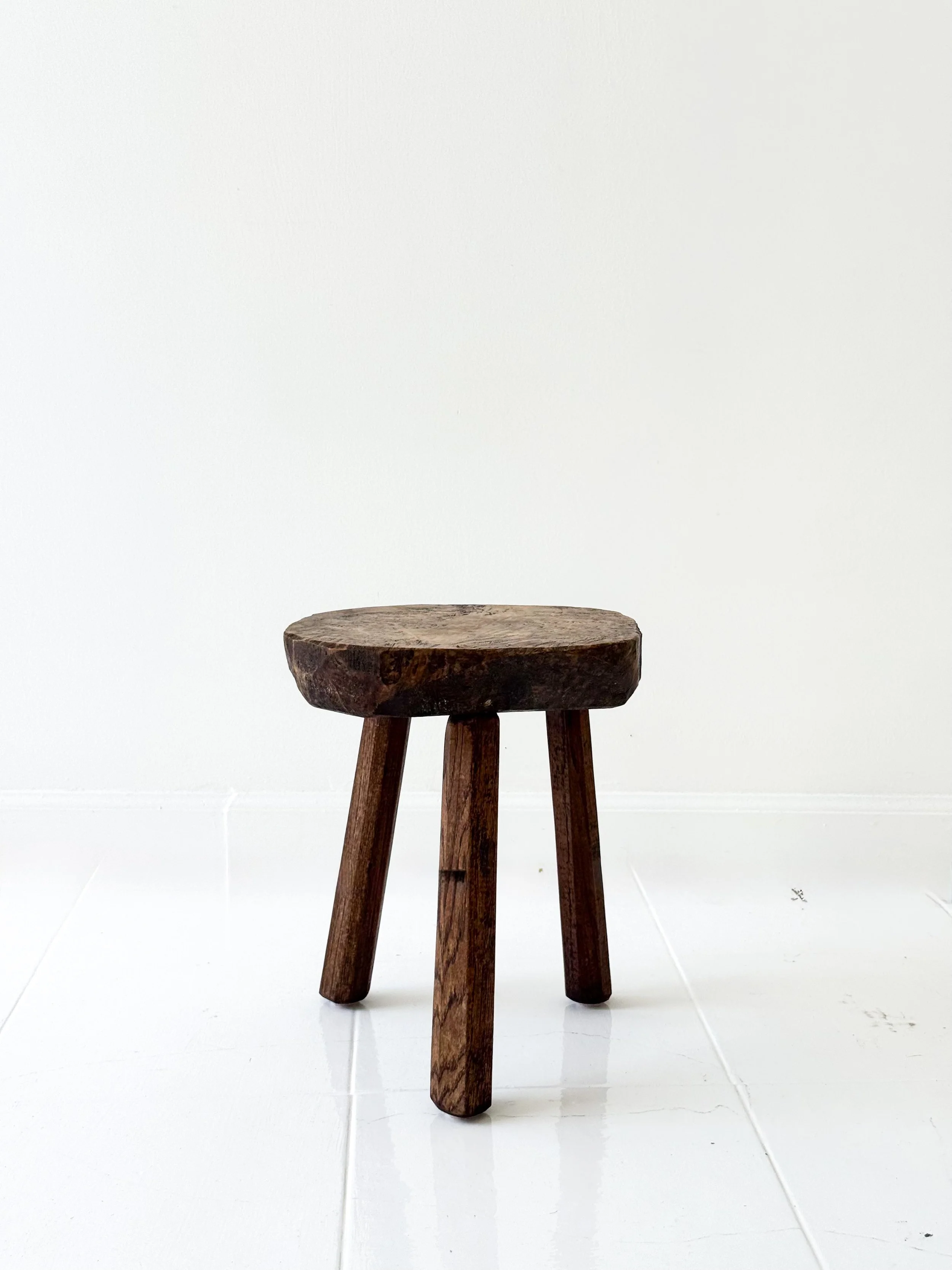 MIDCENTURY BRUTALIST OAK THREE LEGGED STOOL; FRANCE