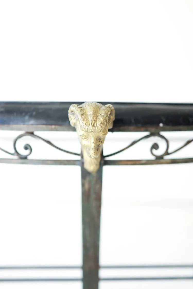 ANTIQUE NEOCLASSICAL IRON DEMILUNE TABLE WITH MARBLE TOP