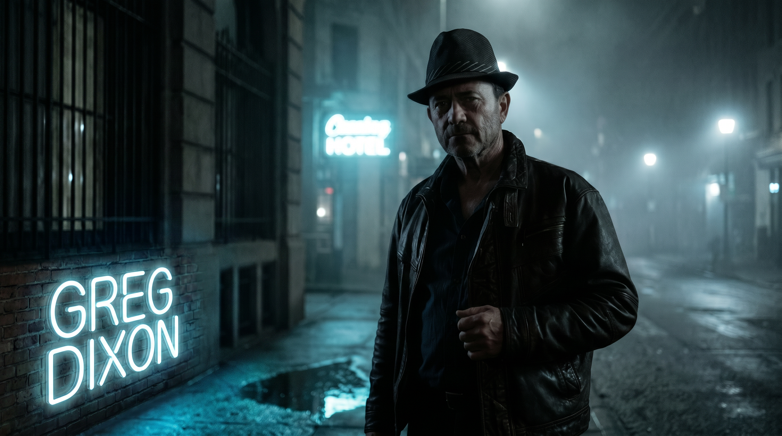 A man wearing a fedora and leather jacket stands on a dimly lit urban street at night, with neon signs for Greg Dixon and a hotel in the background.