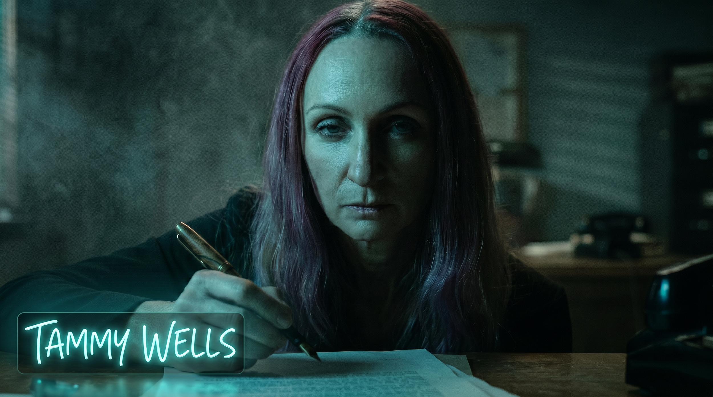 Close-up of a woman with purple hair holding a pen, with a neon sign reading 'Tammy Wells' in front of her, in a dimly lit room.