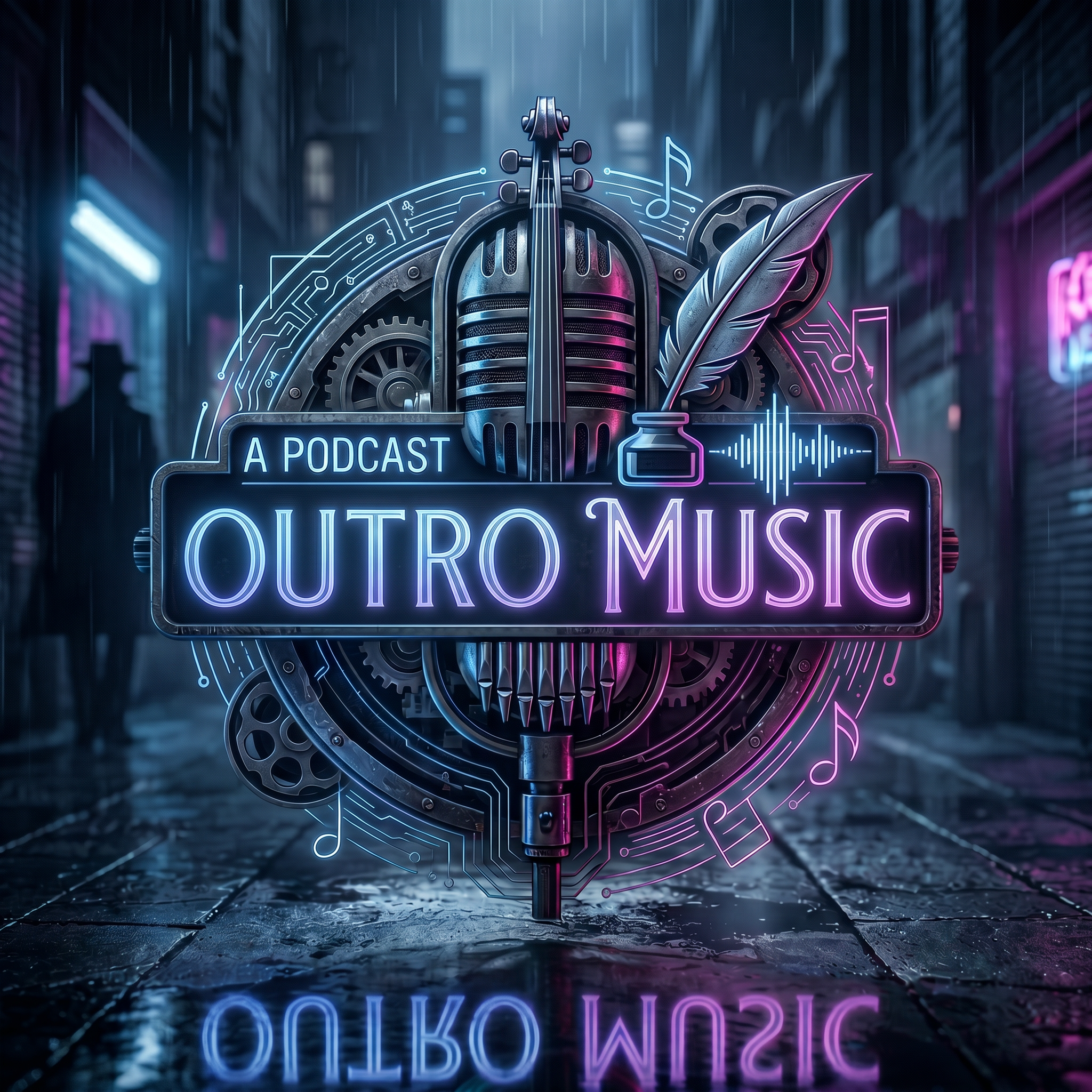 Neon sign with a microphone, musical notes, a feather quill, gears, and circuit patterns with the text "A Podcast Outside Music" in a futuristic urban setting.