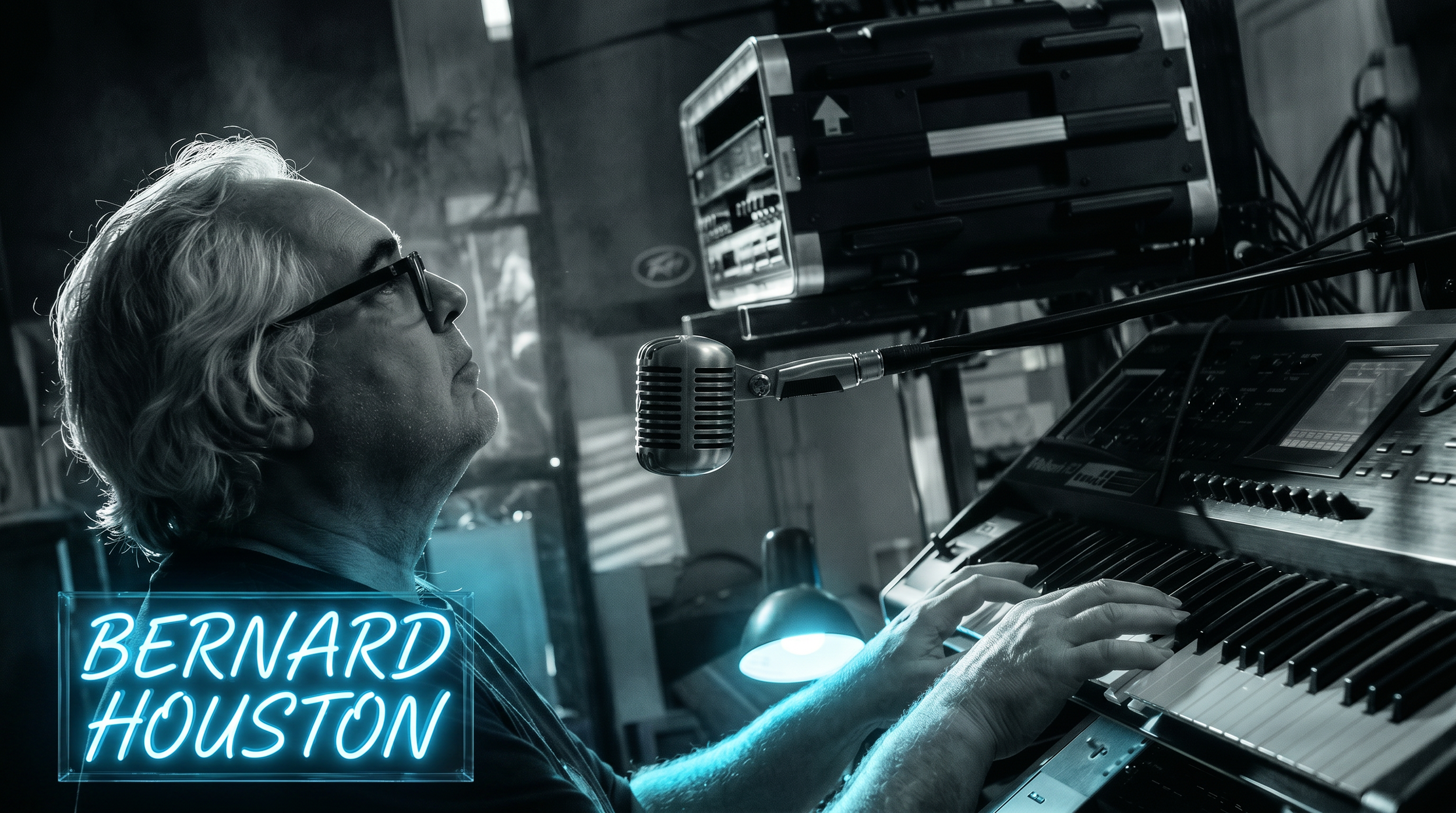 An elderly man with glasses playing a keyboard in a recording studio. There is a microphone in front of him, and audio equipment and wires are visible in the background. A neon sign reads "Bernard Houston."