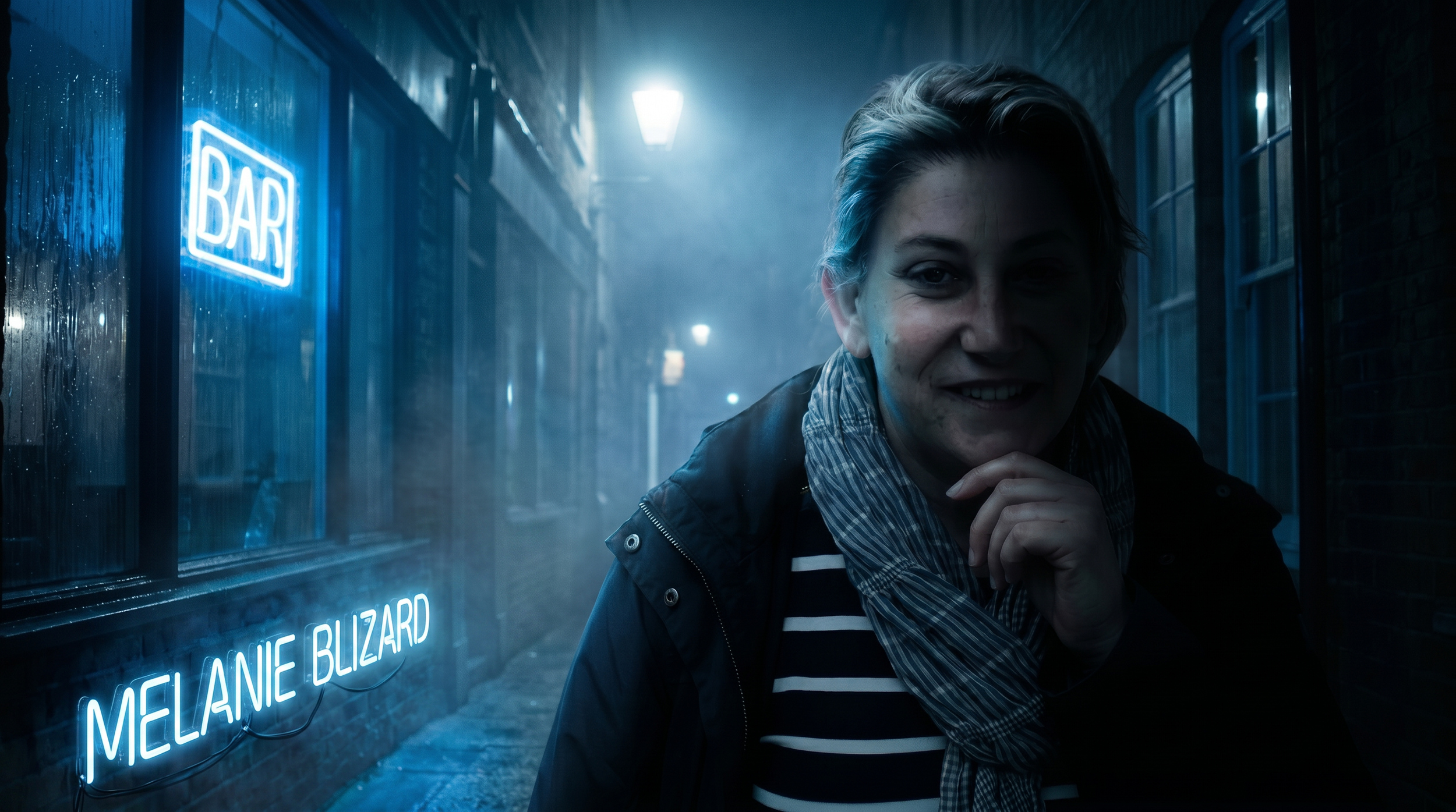 A person with short, light-colored hair smiling at the camera outside a bar at night, with a neon sign that reads 'Melanie Blizzard' on the window and streetlights illuminating the scene.