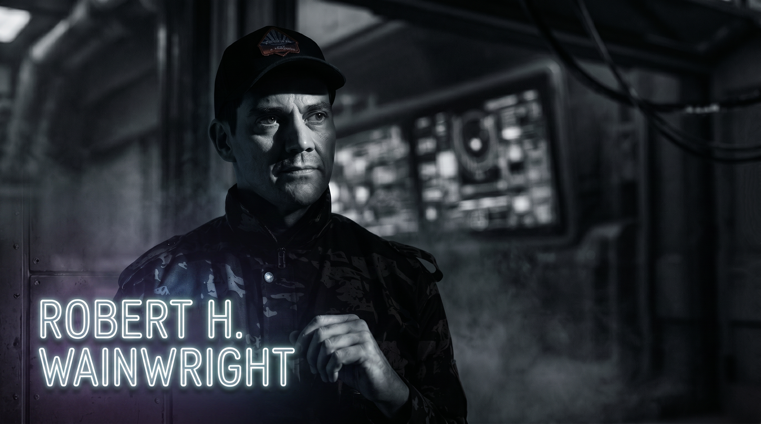 Black and white portrait of a man in military camouflage, wearing a cap, standing in an industrial setting with pipes and wires in the background, with neon text that reads "ROBERT H. WAINWRIGHT".