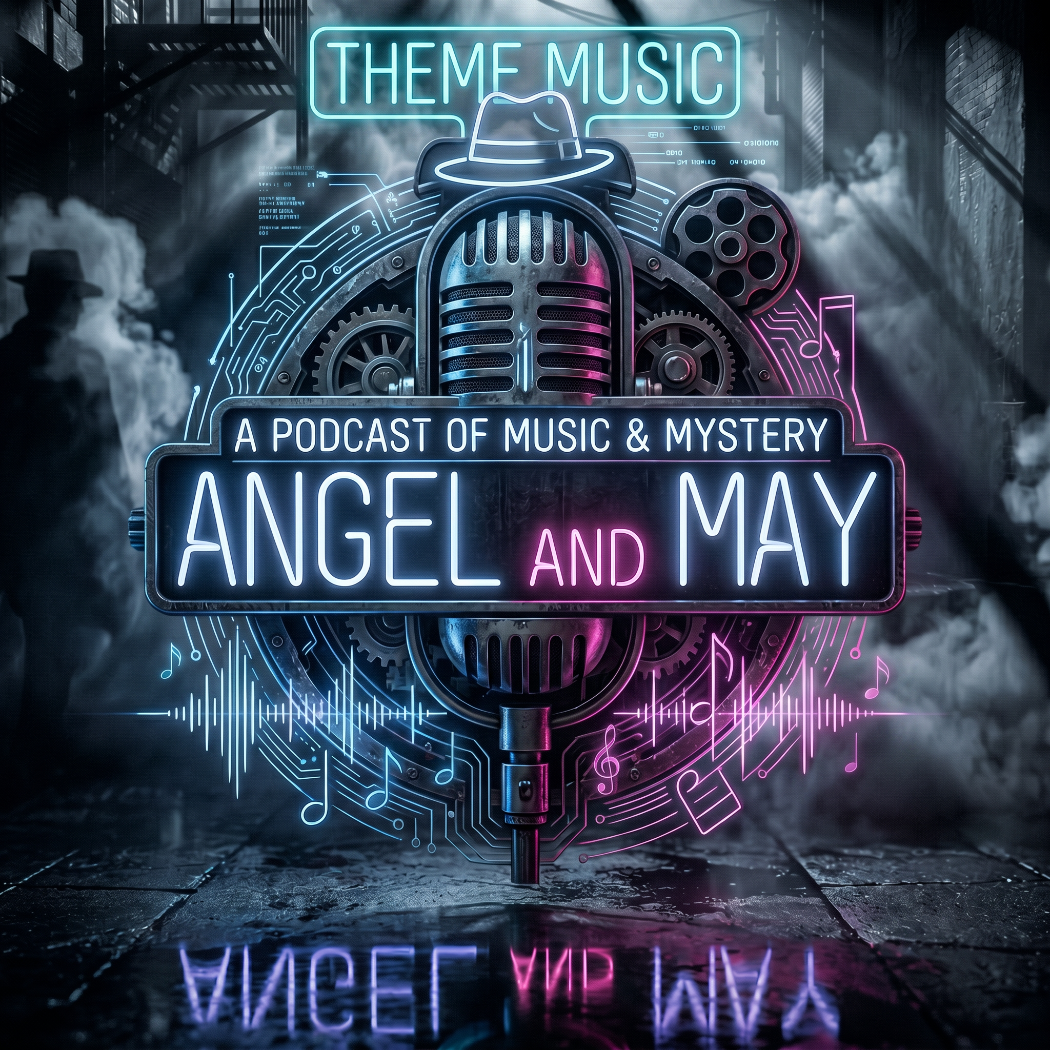 Neon signs and a microphone on a city street at night, advertising a podcast titled 'Theme Music: A Podcast of Music & Mystery.'