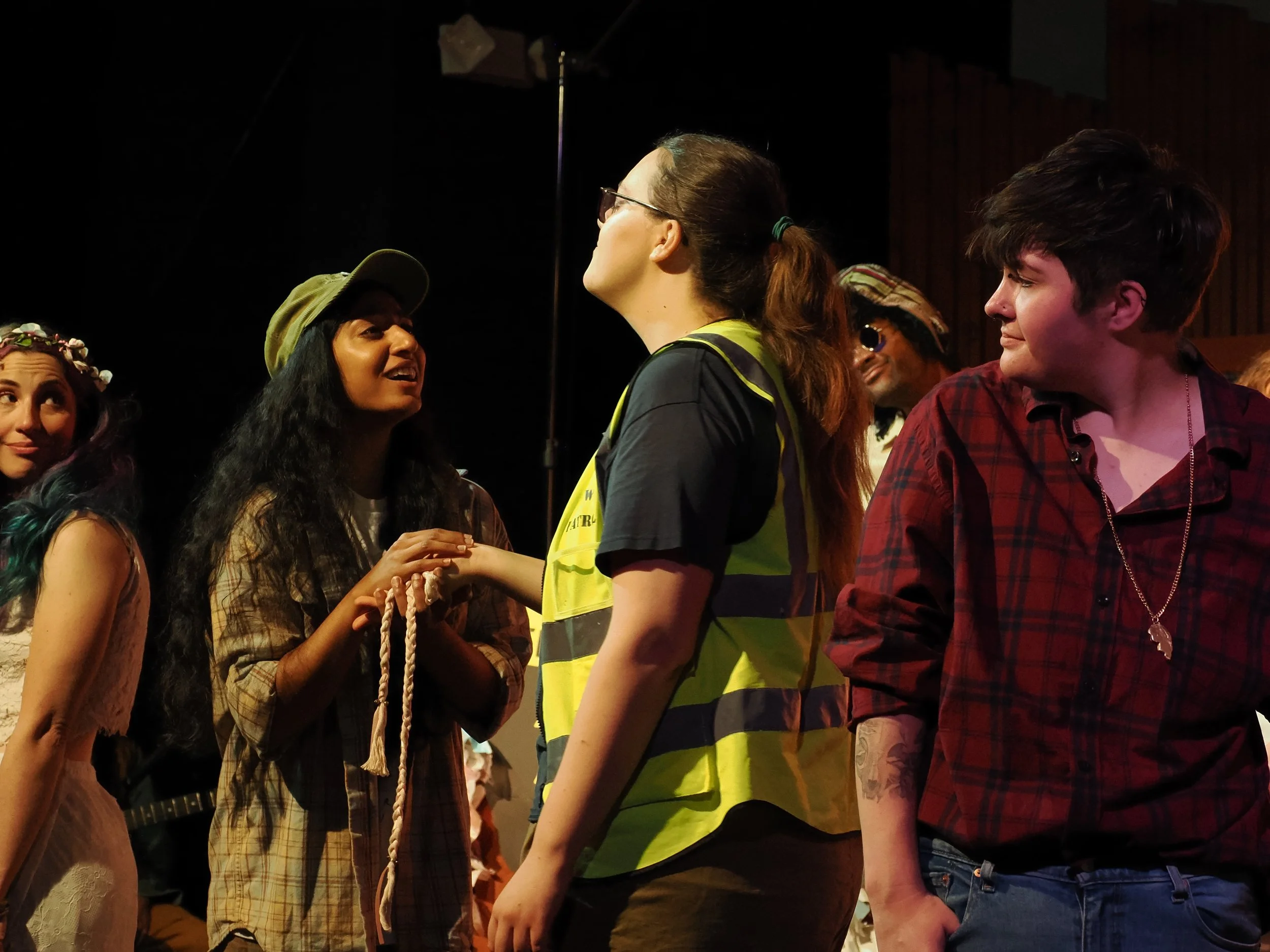 Phebe (Molly Buck) finally realizes her love for Silvius (Divya Pillai) as Aliena (Evie Bennett), Ganymede (Quinn Trixx), and a Forester (Christopher Rozier) watch approvingly.