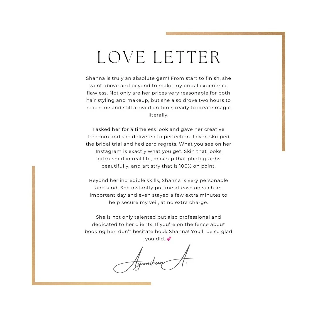 Reviews like this remind me why I love bridal artistry.

Creating beauty that feels timeless, confident, and completely you.

2026 bridal dates are now open.

#LuxuryBridalMakeup
#SoftGlamMakeup
#BridalMakeupTransformation
#WeddingDayGlow
#BridalBeau