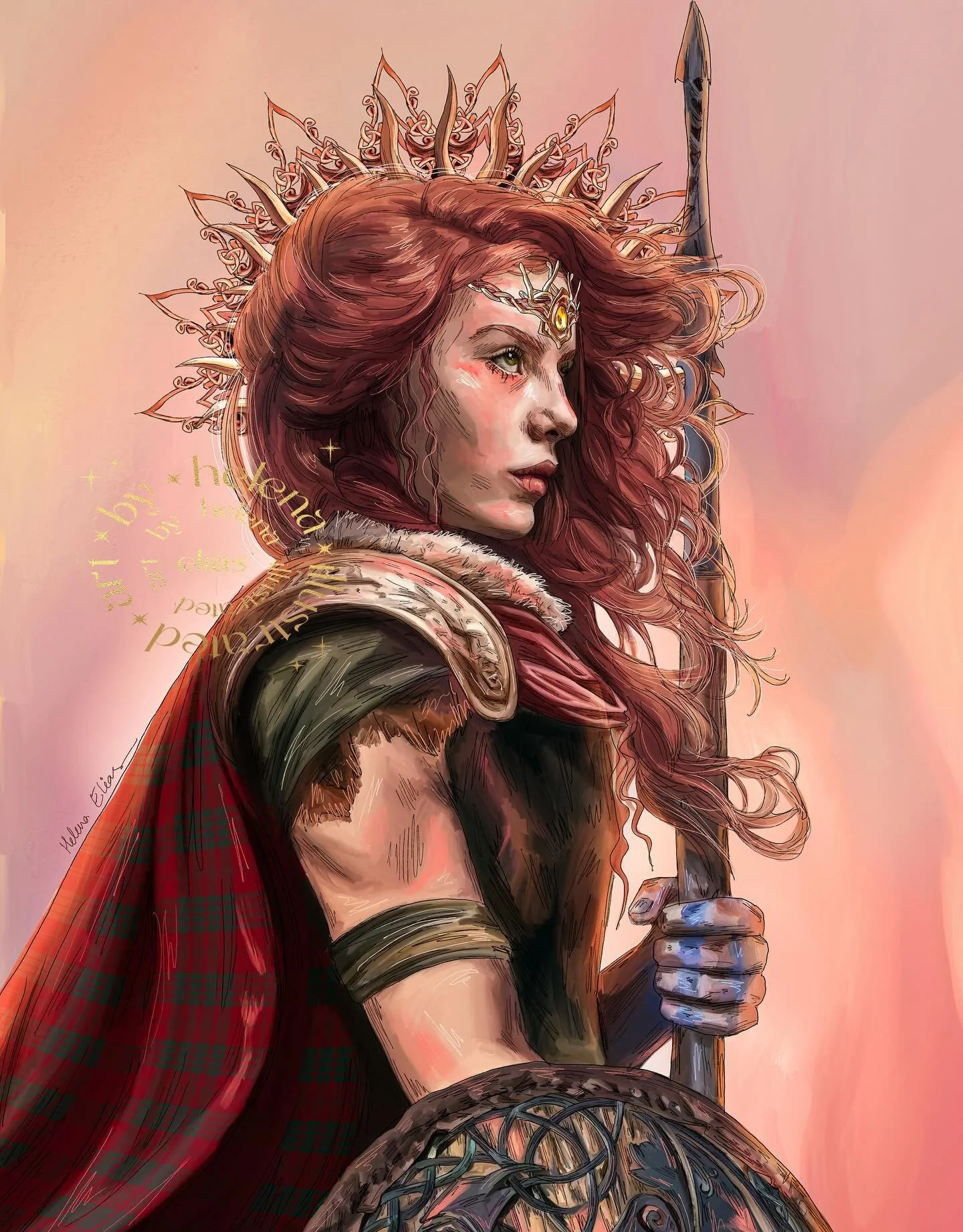 One of a trilogy for @mccscotland - Scathach, a fierce warrior out of Scottish legend. I think she turned out to be my favourite of the three artworks, any Main Character University alumni from her house floating around here? 🤔