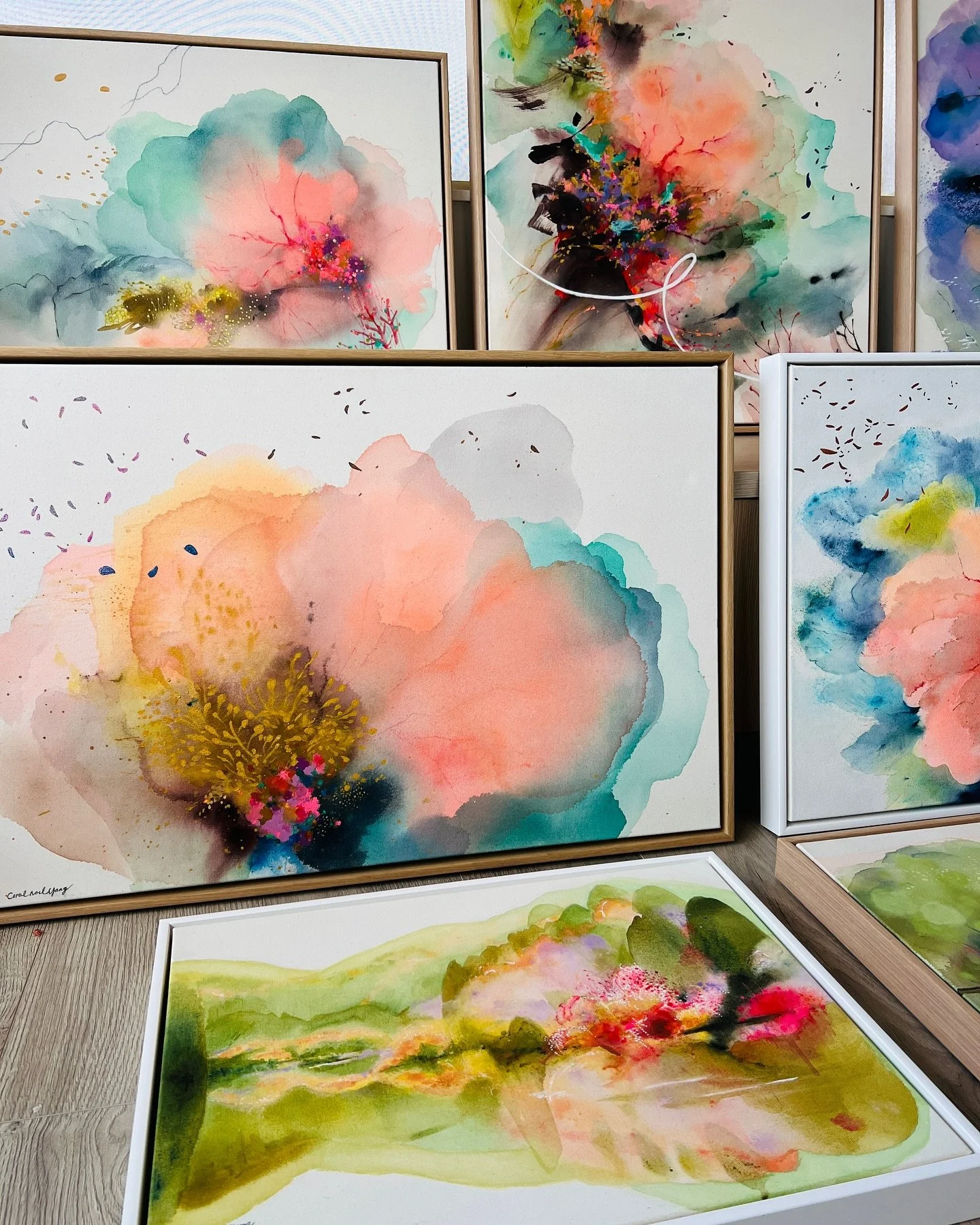 Hello friends, my two collections Floating Island and Coral Bloom have been beautifully framed by @factoryframes_nz. A big thank you!! 🙏 🙌👍However I&rsquo;m sorry to let you know that I&rsquo;ve decided not to attend @artintheparknz this year. It&