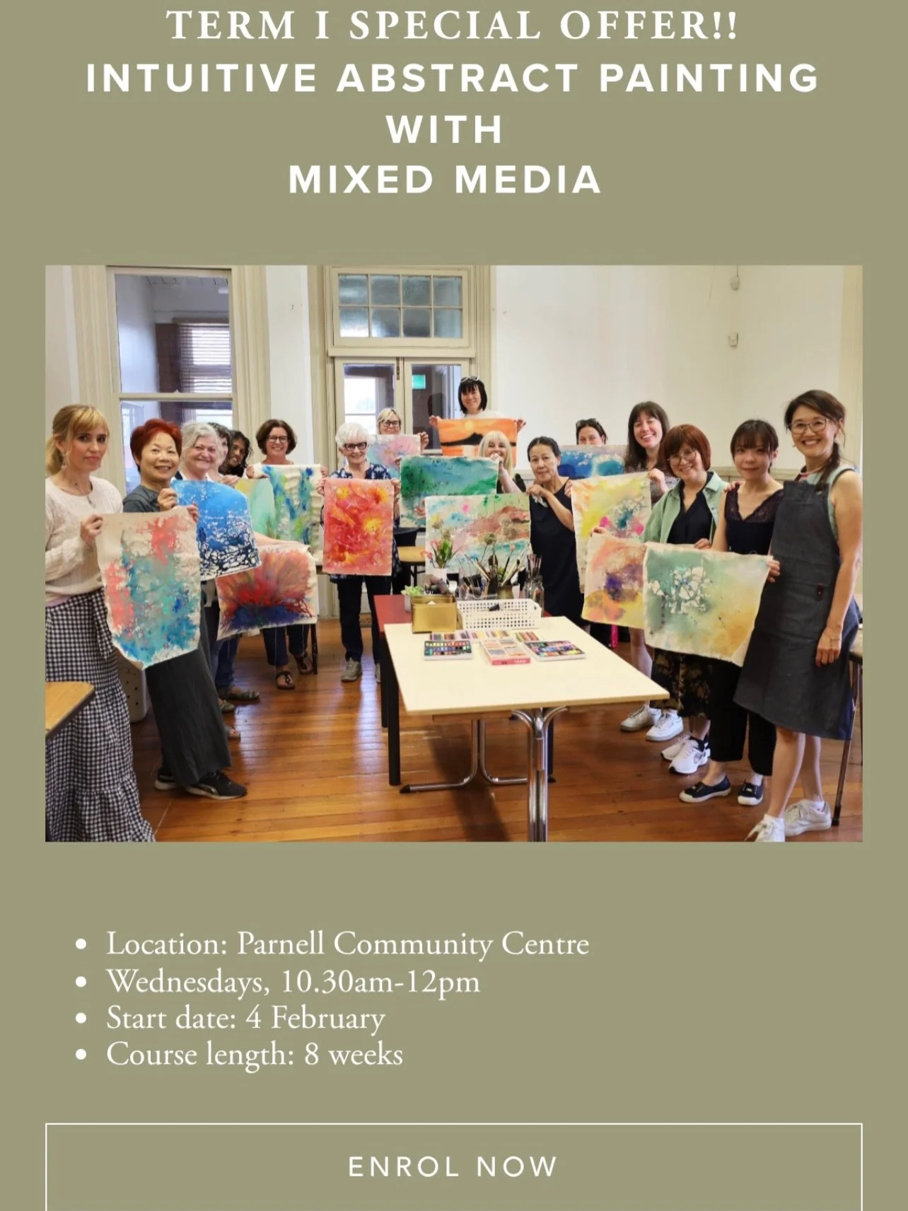 If you are hungry to splash paint and unleash your creativity, it&rsquo;s not too late to enrol into my Intuitive Abstract Painting Class with Mixed Media at Parnell Community Centre starting FEB 4!! 
 
I will guide you step-by-step through exploring