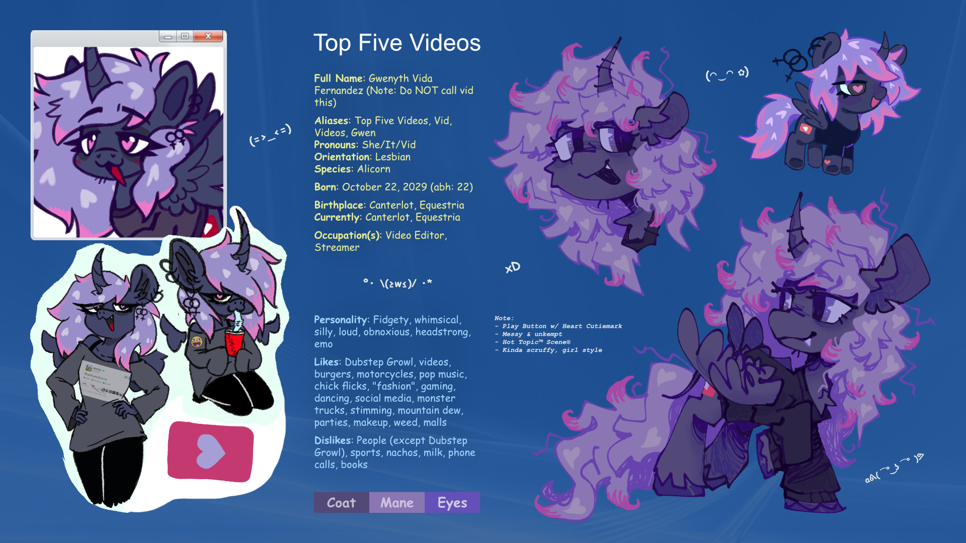 Character Reference Page for "Top Five Videos" — Vylet Pony