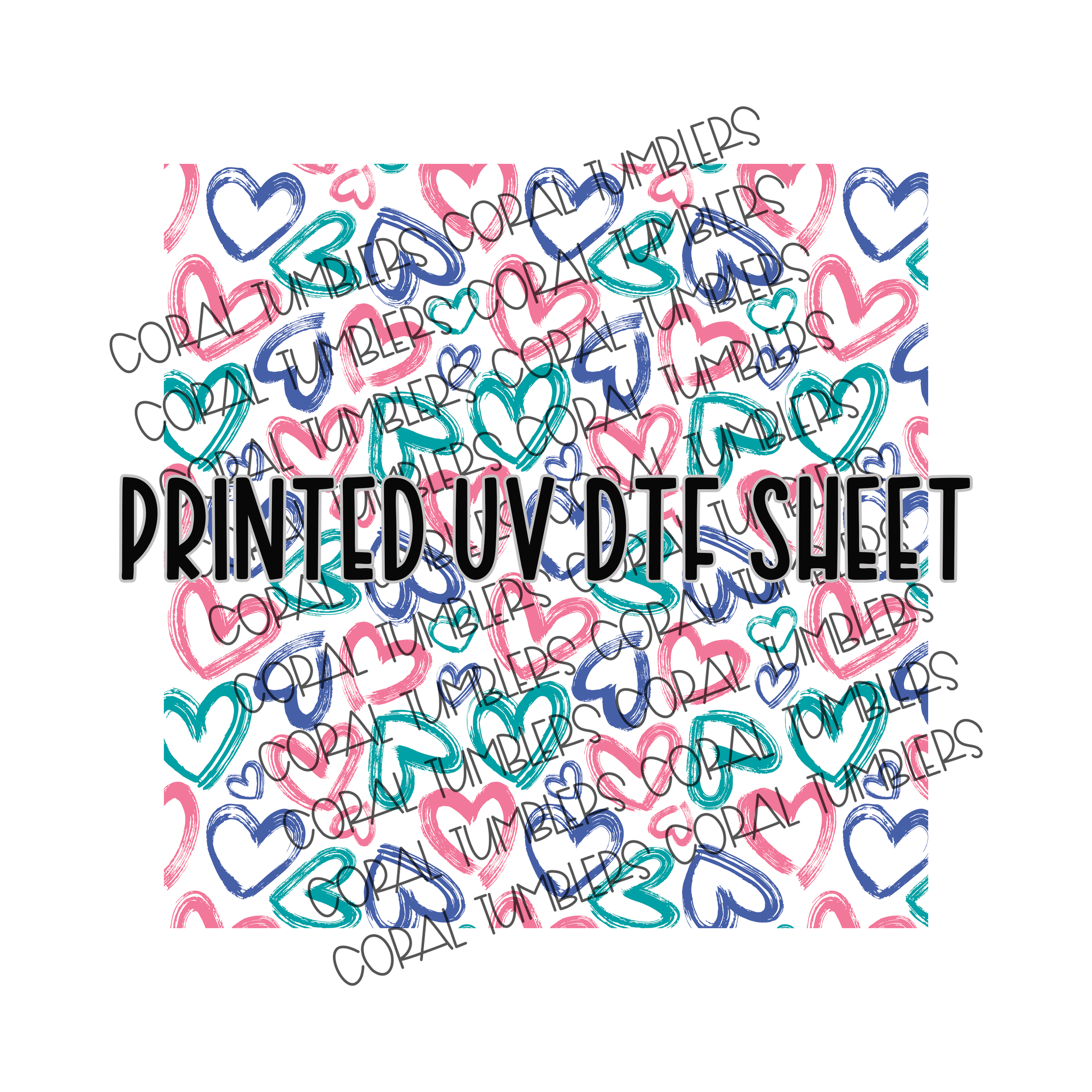 Scribble Hearts Teal UV DTF Sheet