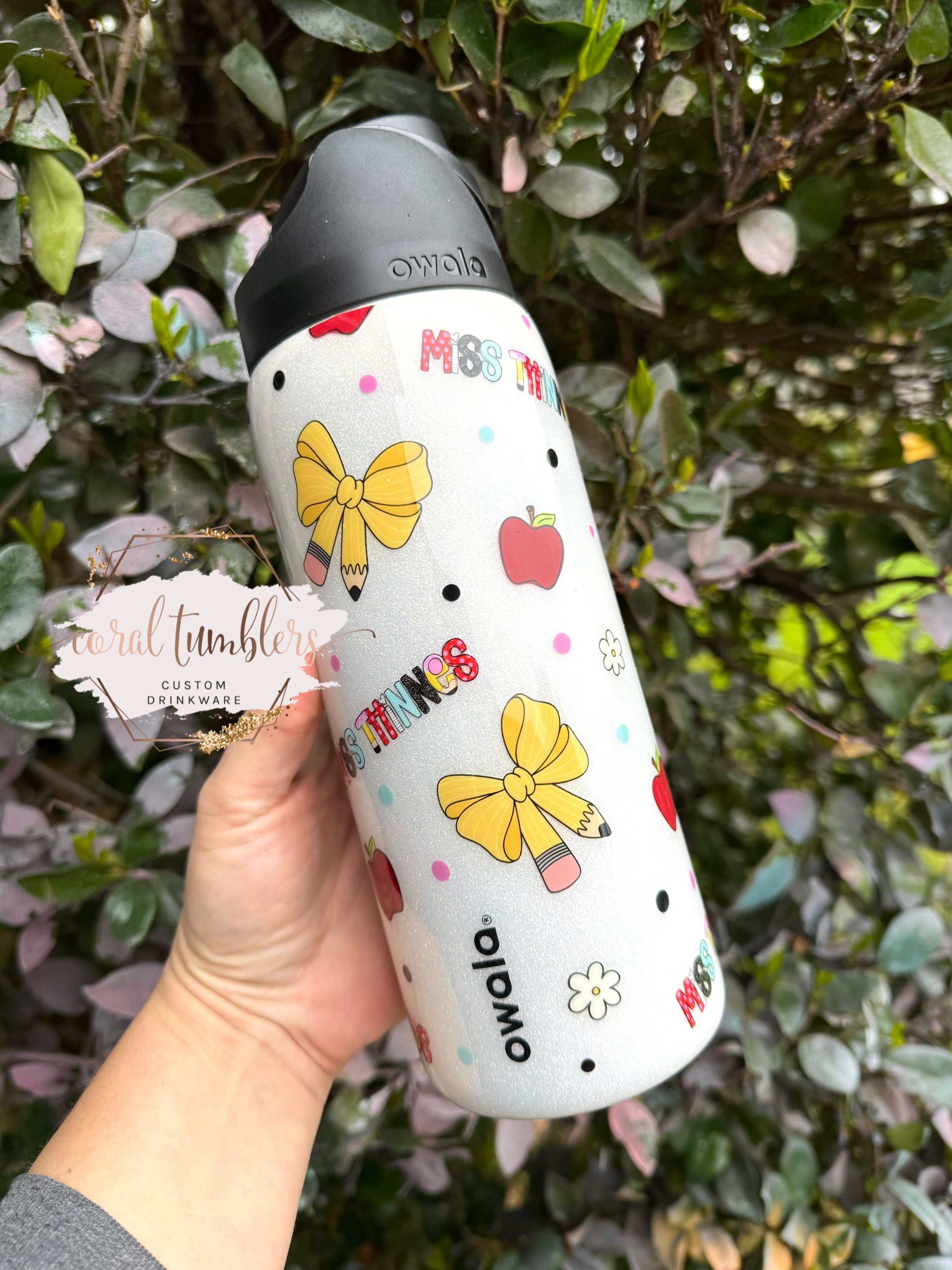 40oz Custom Teacher Apple + Bow Stanley, Owala, HydroJug, Brumate