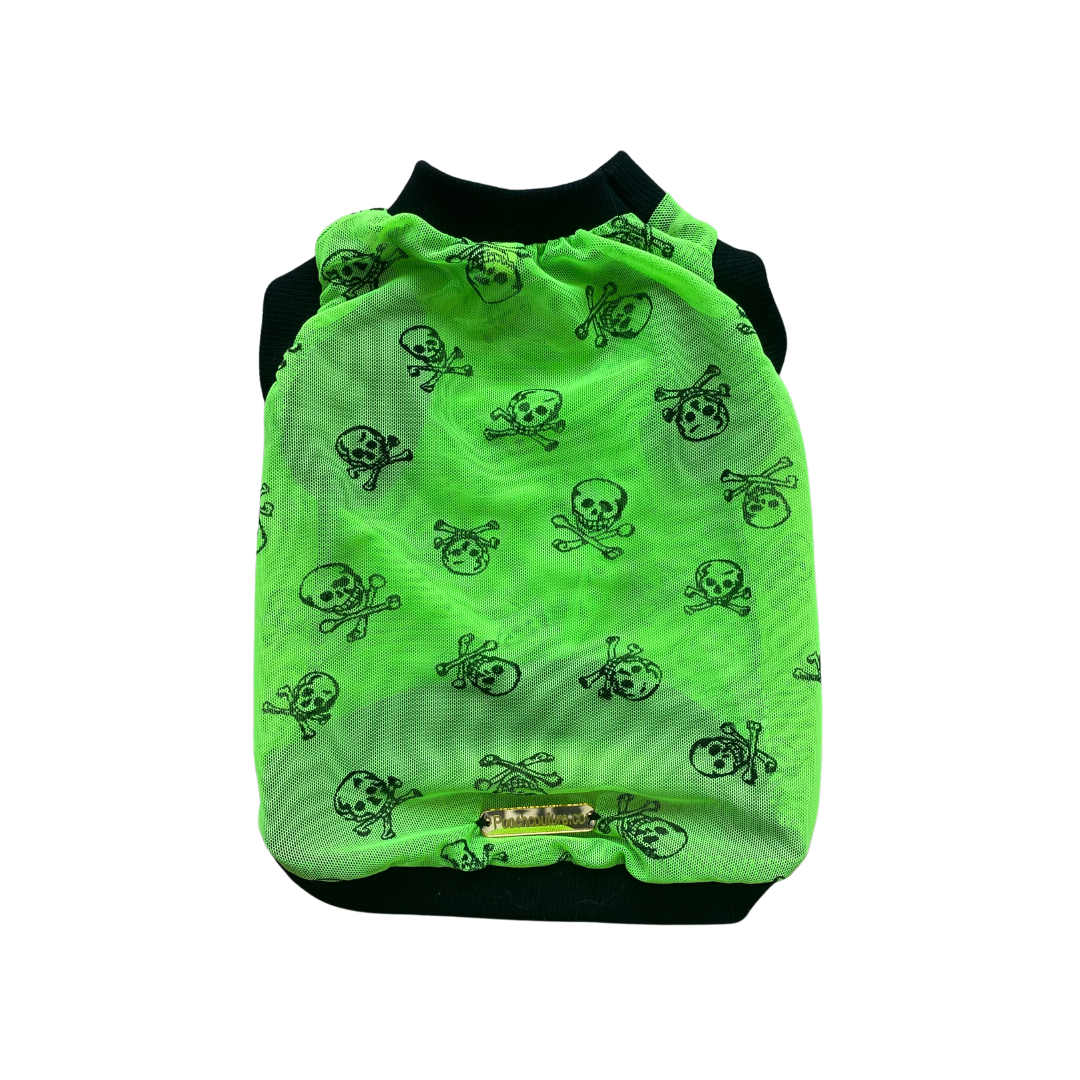 neon green mesh skull print dog tank top shirt