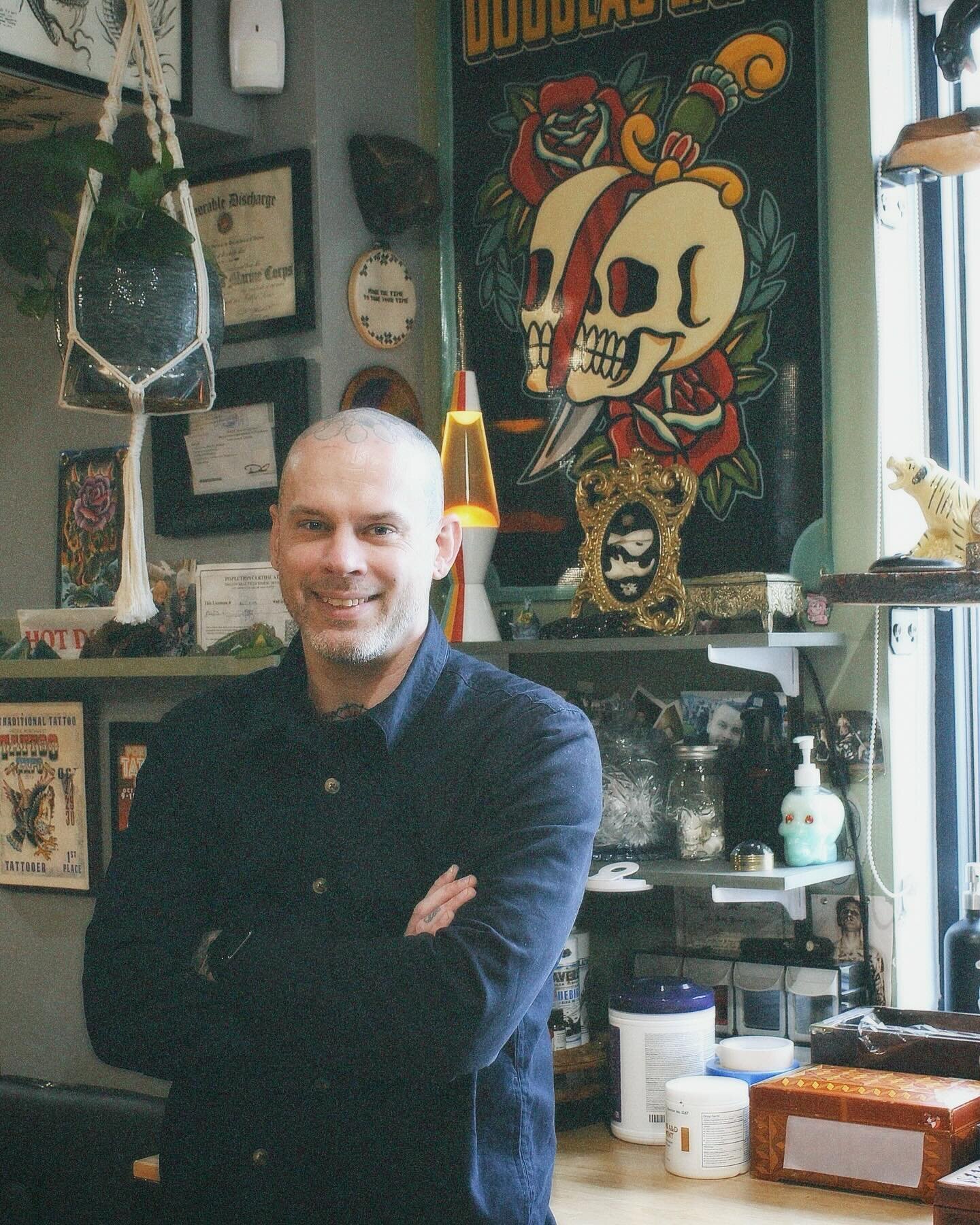 Meet the artist!

Co-owner of the shop, Douglas was born in San Diego, but moved around a lot as a kid due to his family&rsquo;s military background. He&rsquo;s been tattooing since 2009, he was initially drawn to traditional Americana. He now specia