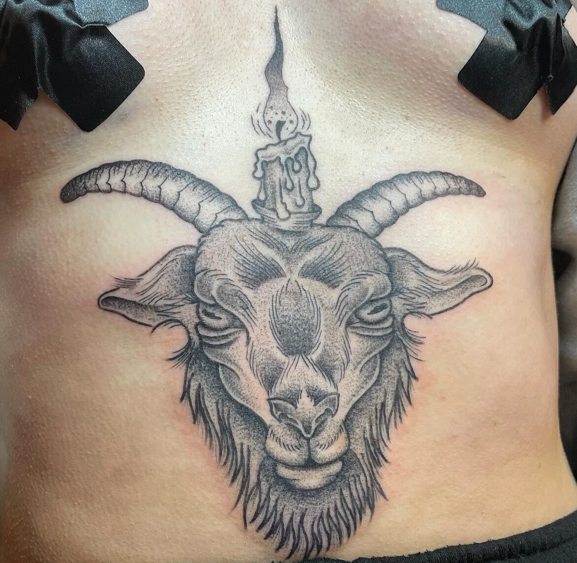 Baphomet head made by the super talented @jakeacreetattoos 😈
