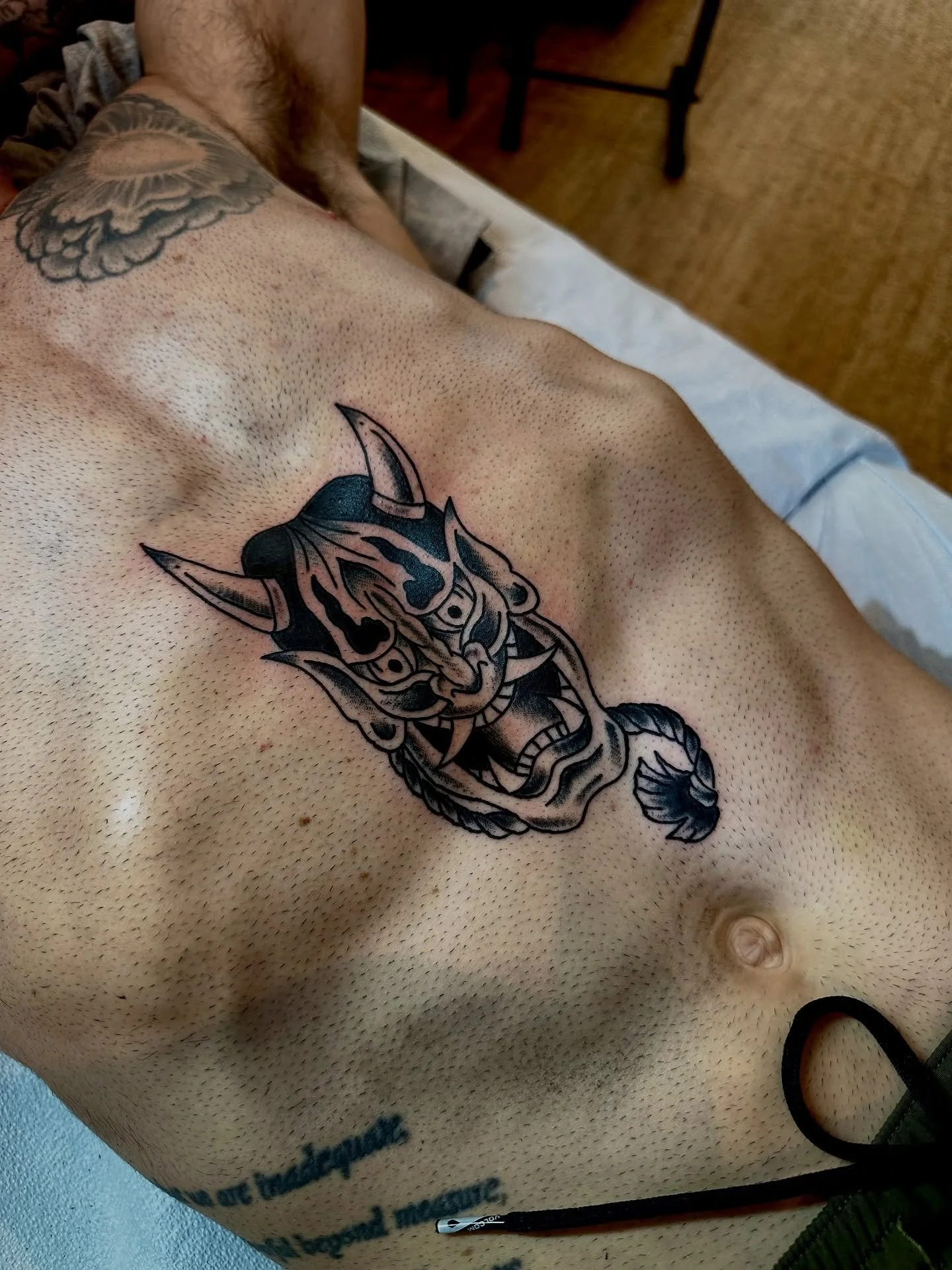 Mask 👹 belly blaster made by @teddybtattoos 

To schedule appointments or consultations with Teddy just head over to his page and DM or click the email button.