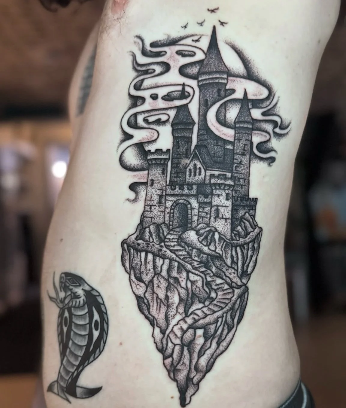 Black and grey castle done by @jakeacreetattoos 

To schedule with Jake head over to his page and send him a DM or email