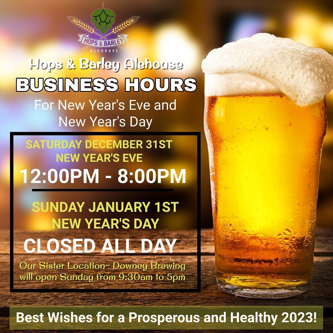 Business Hours for Saturday, December 31st and Sunday, January 1st. We will close all day on Sunday but will reopen on the 2nd.