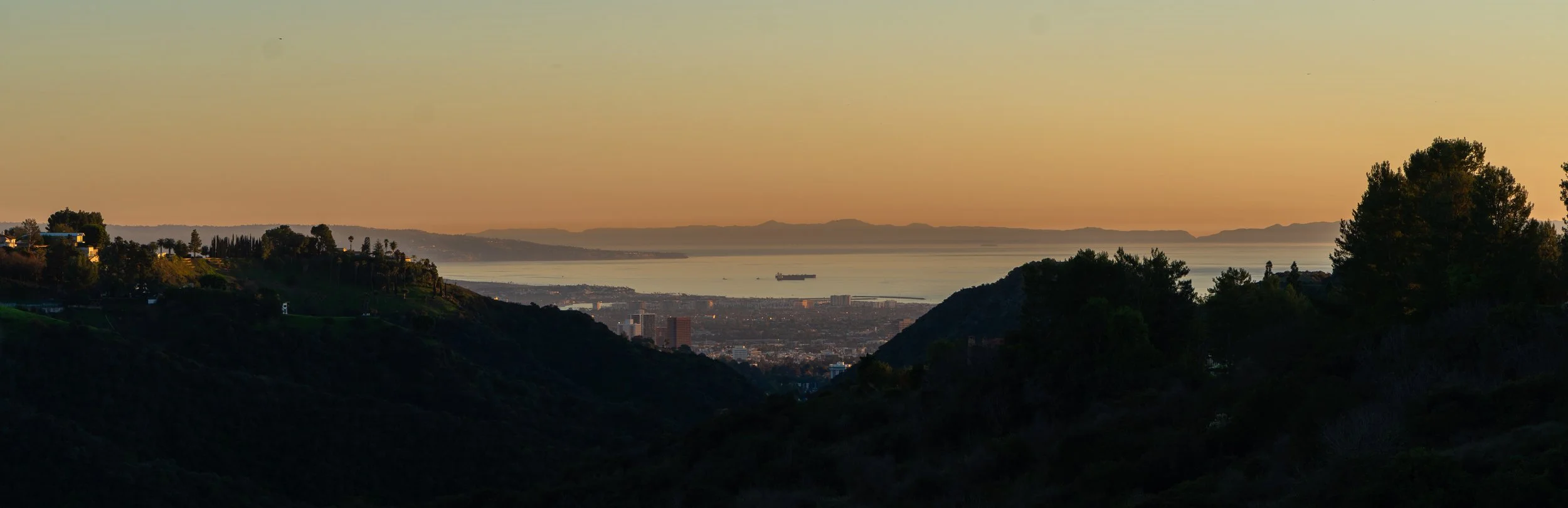 A panoramic view of a city by a large body of water, framed by green hills and trees during sunset or sunrise.