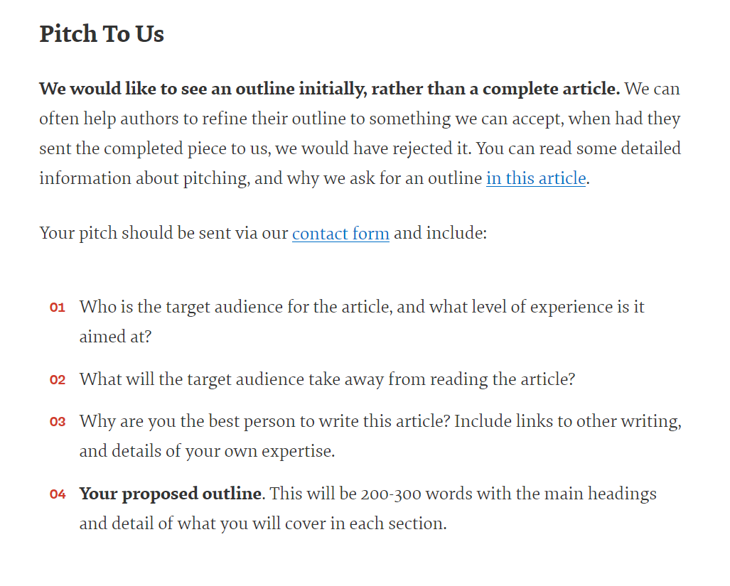 An example of pitching guidelines for an external site