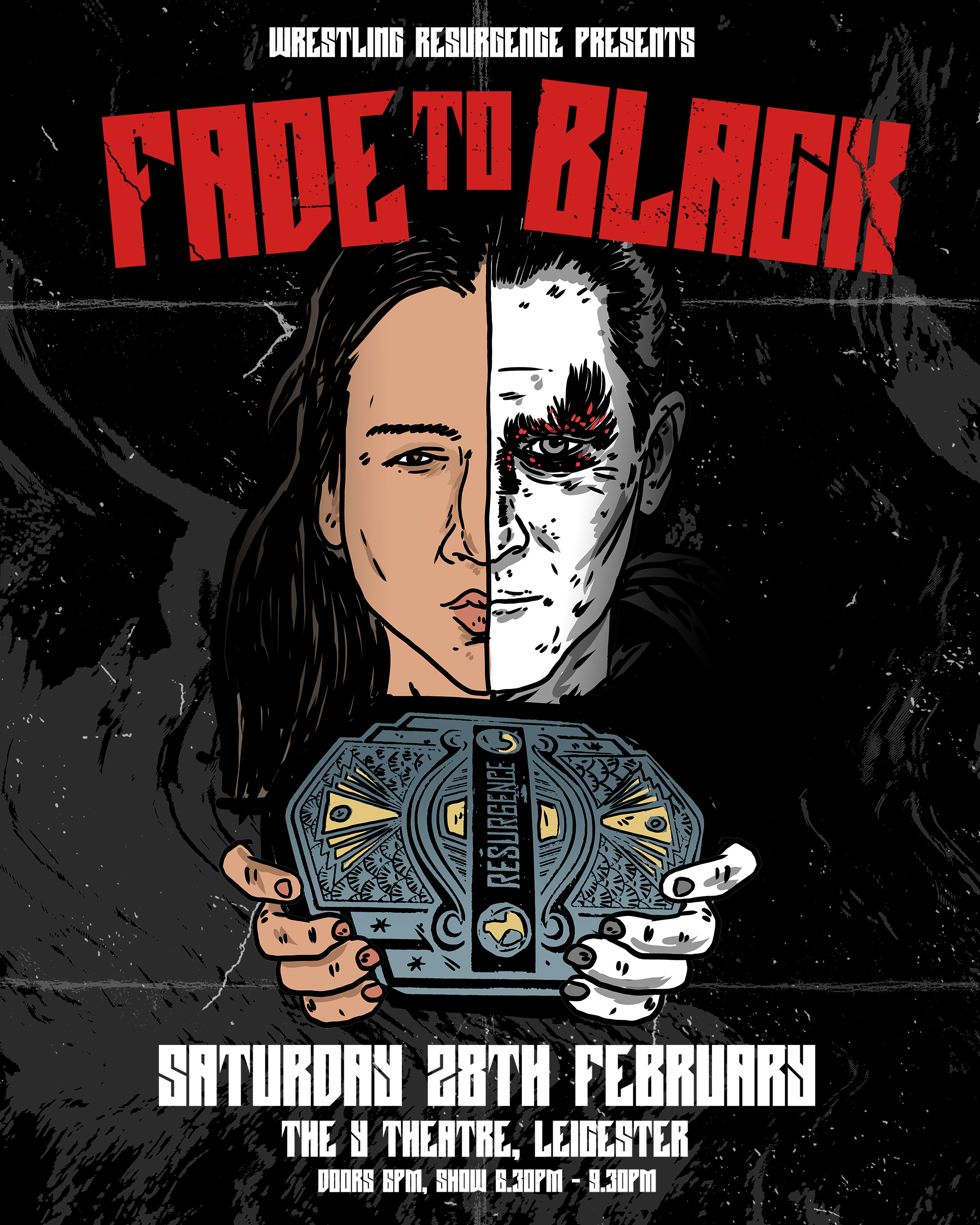 Kanji vs Cara Noir split face illustration holding Wrestling Resurgence Championship belt Fade to Black February 28 2026 Y Theatre Leicester