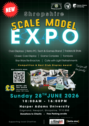 Flyer for the Shropshire Scale Model Expo at Harper Adams University on June 28, 2026, from 10:00 AM to 4:00 PM, featuring club displays, vintage and modern vehicles, and competitions, with ticket purchase options and supporting charities.