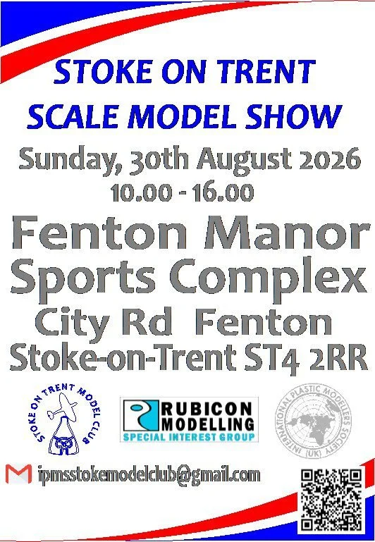 Poster advertisement for the Stoke on Trent Model Club (IPMS) model show on Sunday, August 31, 2025, from 10:00 to 16:00 at Prestwood Centre, Staffordshire County Showground, Weston Road, Stafs, ST18 0BD. The poster includes images of military vehicles, model figures, and a spacecraft, with logos and contact information at the bottom.