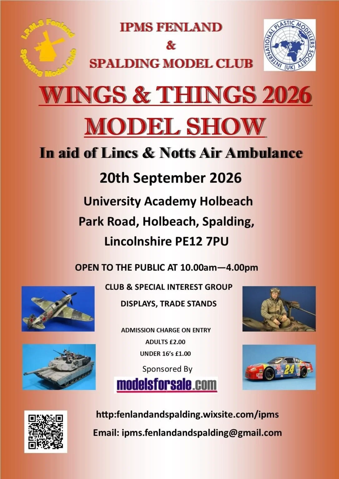 Flyer for Wings & Things 2026 model show scheduled for September 21, 2025, at University Academy Holbeach, Lincolnshire, featuring model aircraft, military vehicles, and a race car, with details about entry fees and sponsors.