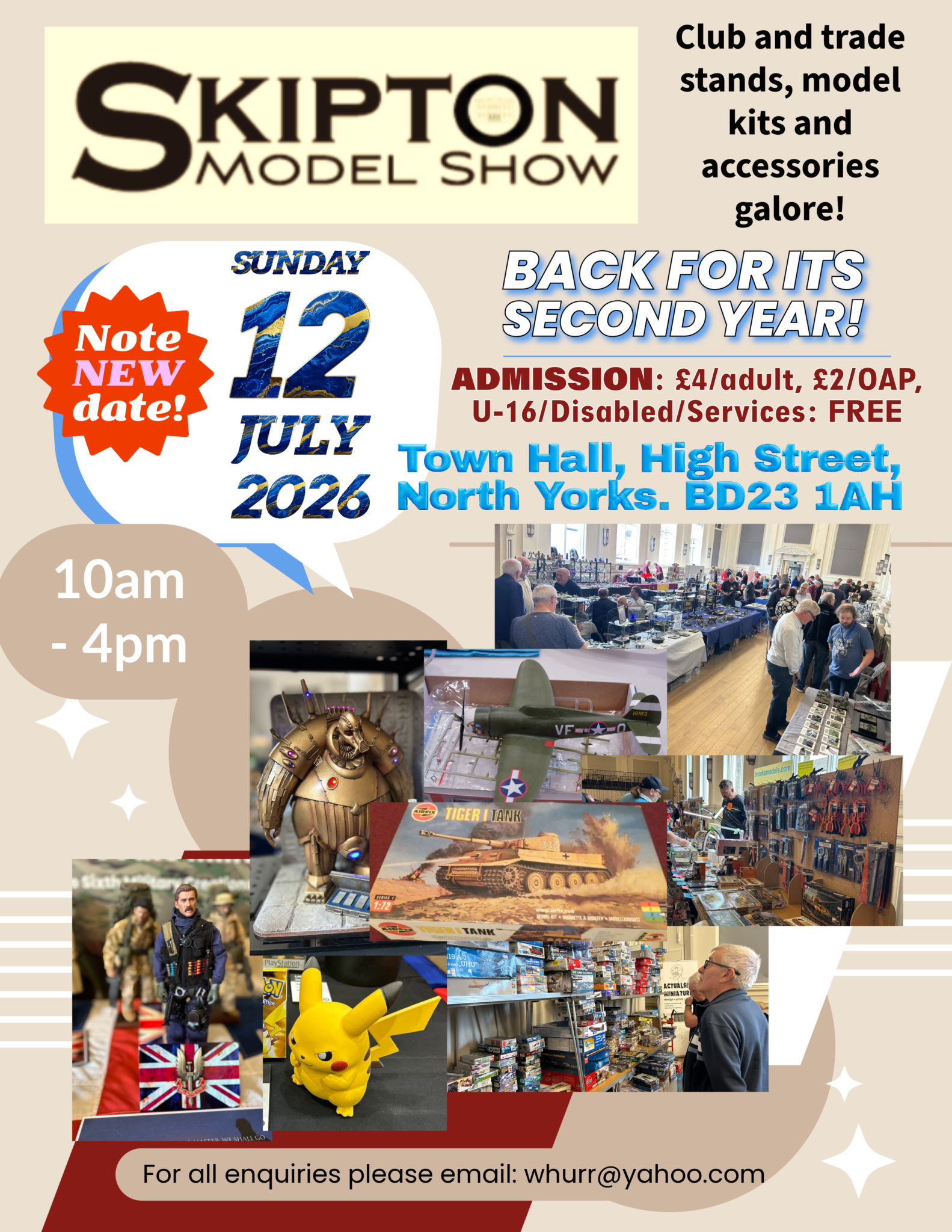 Flyer for Skiptom Model Show event on Sunday, July 6, 2025, from 10 am to 4 pm at Town Hall, High Street, North Yorks. Features club and trade stands, books, model kits, and accessories, with images of model airplanes, tanks, a Pikachu figure, and a black vintage car.