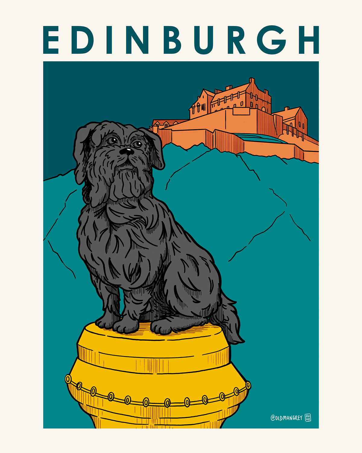 A4 digital illustration of Greyfriars Bobby set against an Edinburgh Castle backdrop with the word 'Edinburgh' printed at the top.
