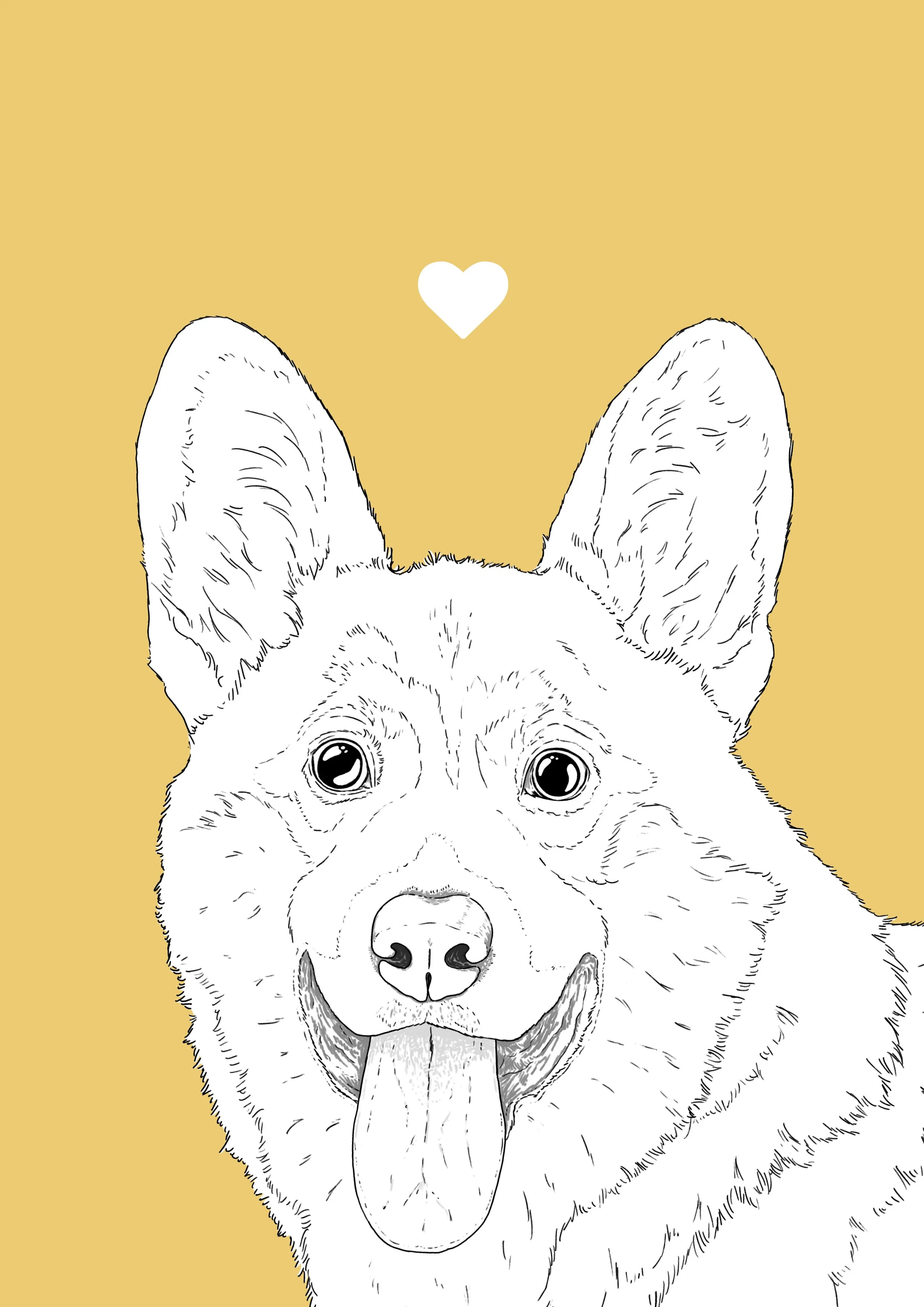 An A4 print with a yellow background & black & white digital illustration of the head & shoulders of a Corgi dog. A small white love heart sits not far above their head.