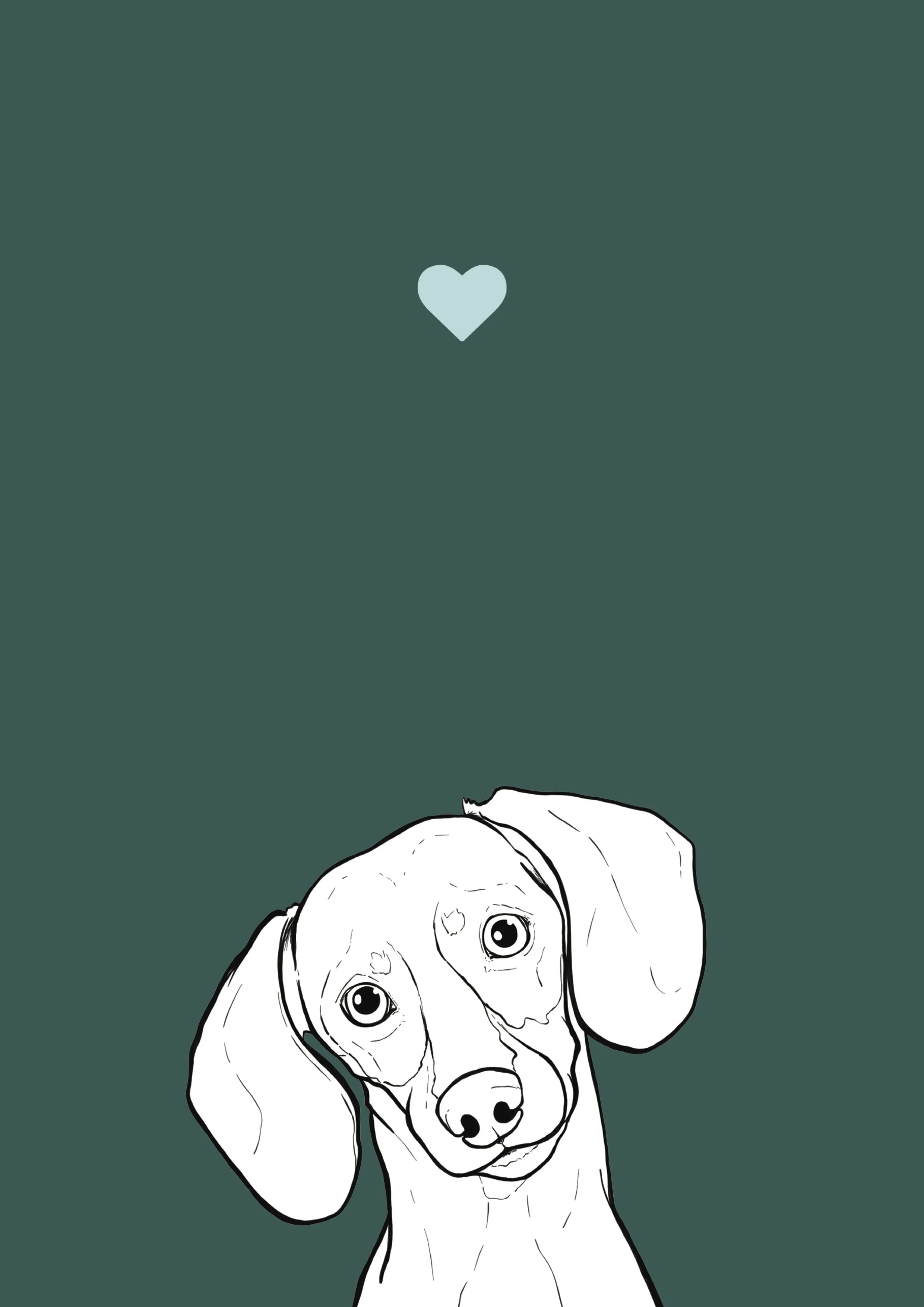 An A4 print with a green background & black & white digital illustration of the head & shoulders of a Mini Dachshund dog. A small light blue love heart sits not far above their head.