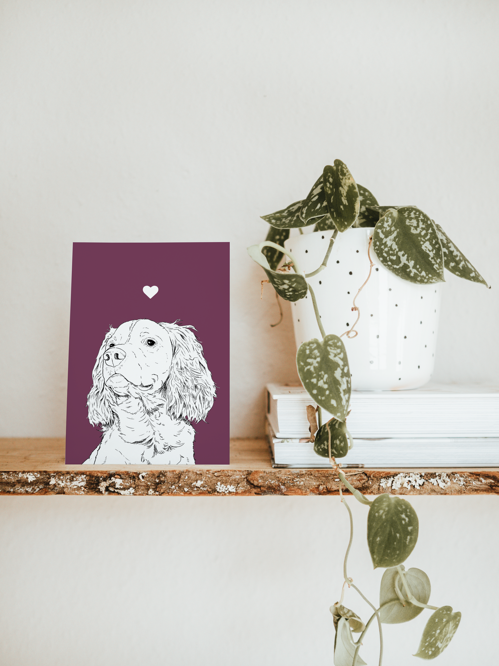 An A6 greetings card & white plant pot on a shelf. The card has a purple coloured background, with a black & white digital illustration of the head & shoulders of a Springer Spaniel dog.