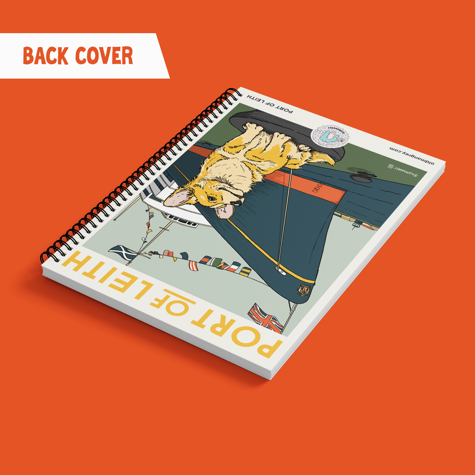 My A5 Corgi Leith notebook lying diagonally on a red backdrop with title flash 'Back Cover'. It has a digital illustration of a Corgi dog in front of the Royal Yacht Britannia titled 'Port of Leith'.