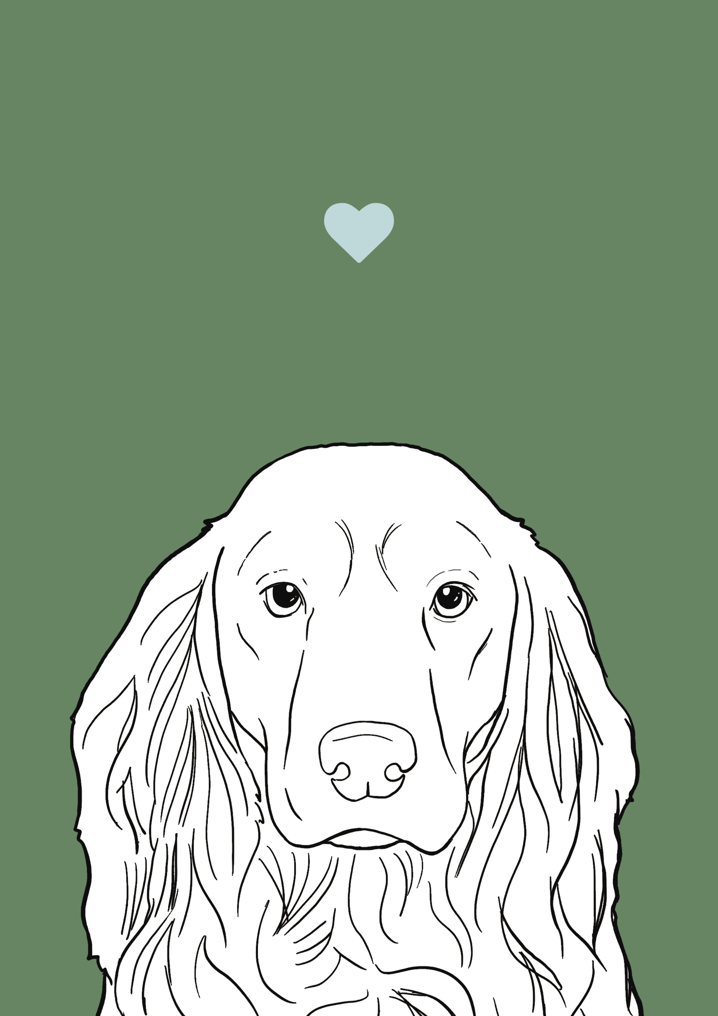 An A4 print with a green background & black & white digital illustration of the head & shoulders of a Cocker Spaniel dog. A small light blue love heart sits not far above their head.