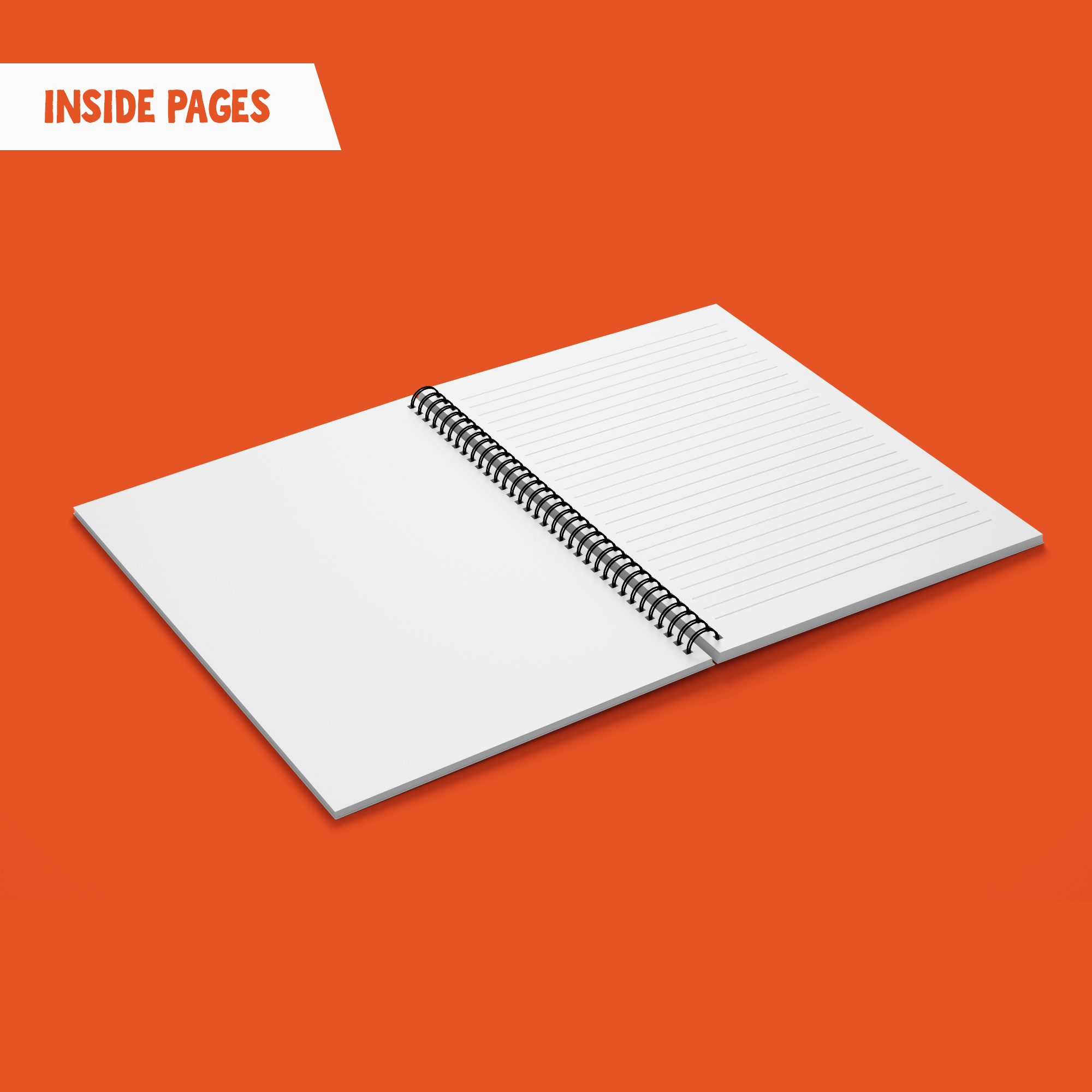 My A5 Corgi Leith wire bound notebook lying open on a mint geen backdrop with a title 'Inside Pages'. The left one is blank, the right on is lined.