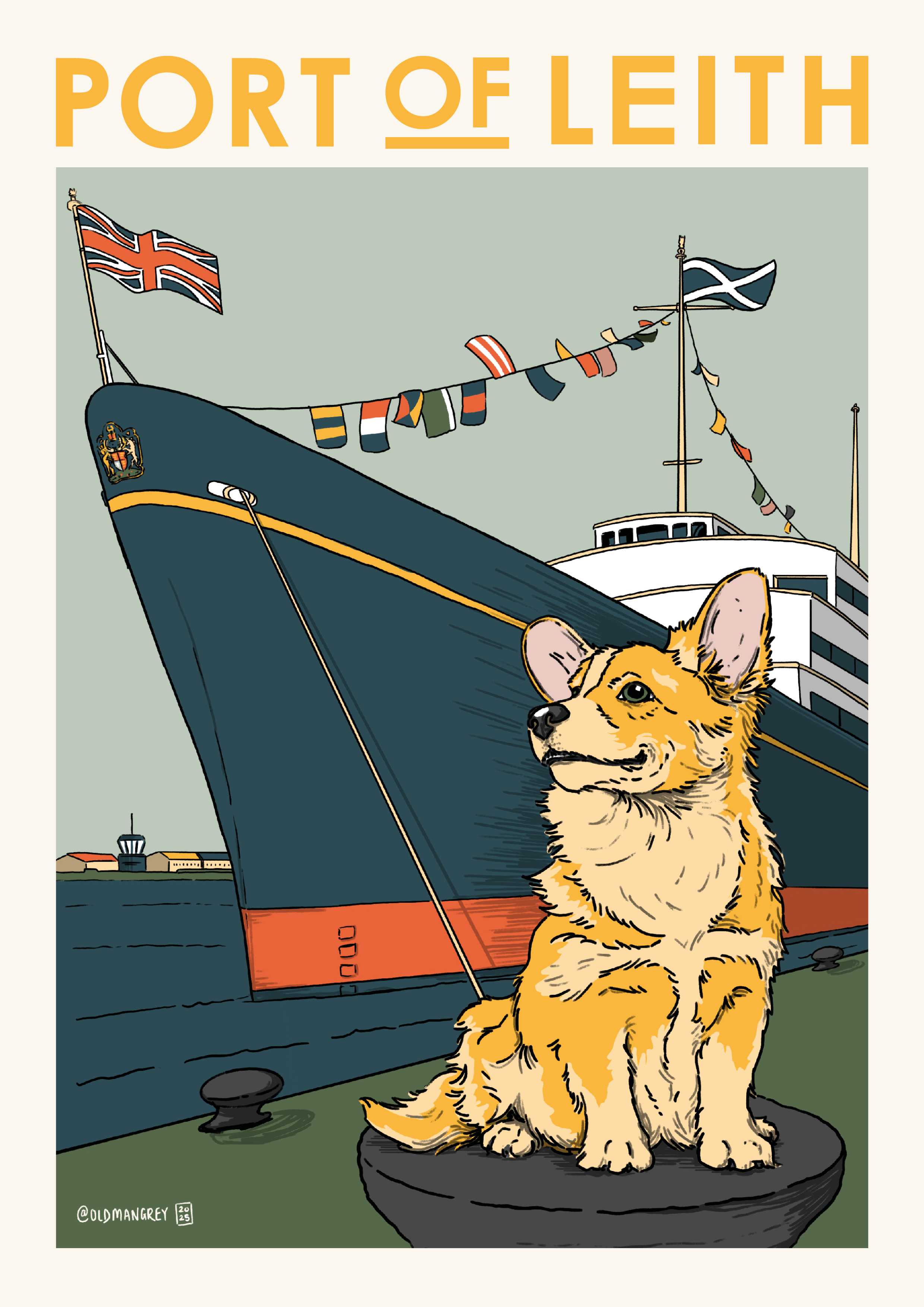 A4 digital illustration of a Corgi set against the Royal Yacht Britannia with the words 'Port of Leith' printed at the top.